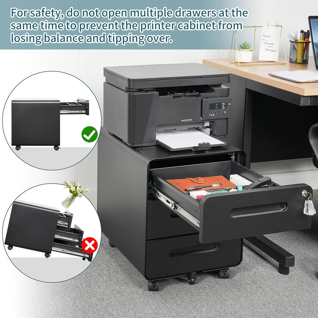 3 Drawer Under Desk Printer Stand with Lock, Mobile Rolling Printer Table for Home Office, Fully Pre-Assembled (Wheels Only to Attach), 4 Keys Included, Black