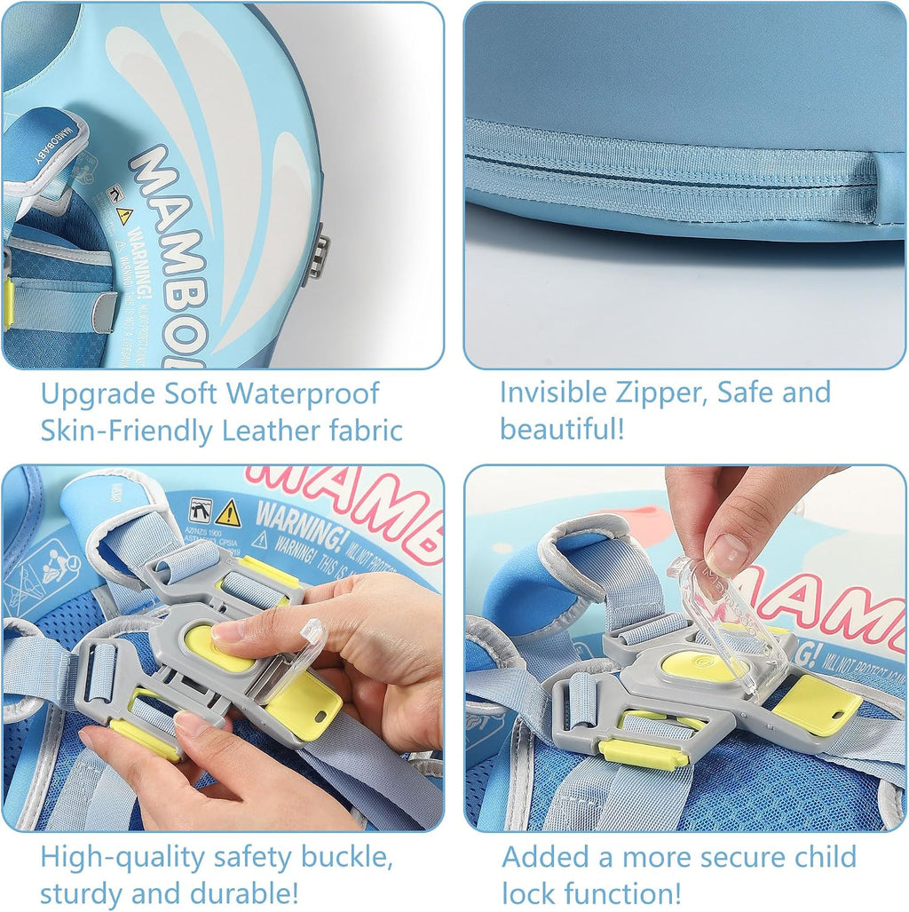 Mambobaby Float Add Tail Baby Swim Float with Canopy Solid Pool Infant Swim Trainer Swimming Training Lying Air Free Water Floats Non-Inflatable Waist Swim Ring for Toddlers (Butterfly - Blue)