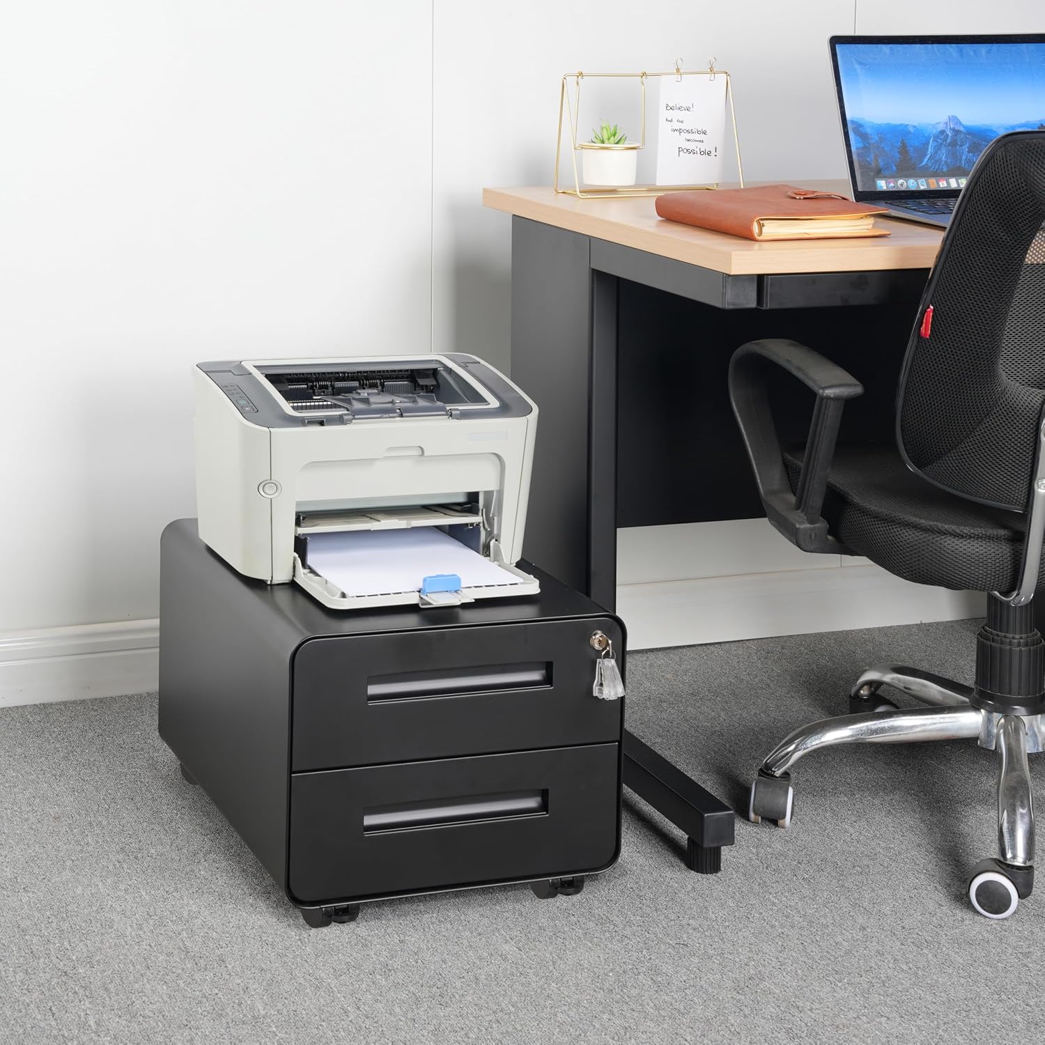 Under Desk Printer Stand with Storage – 2-Drawer Printer Table for Home & Office, Mobile Printer Cart with 2 Sets of Casters and Lockable Drawers, 4 Keys, Black