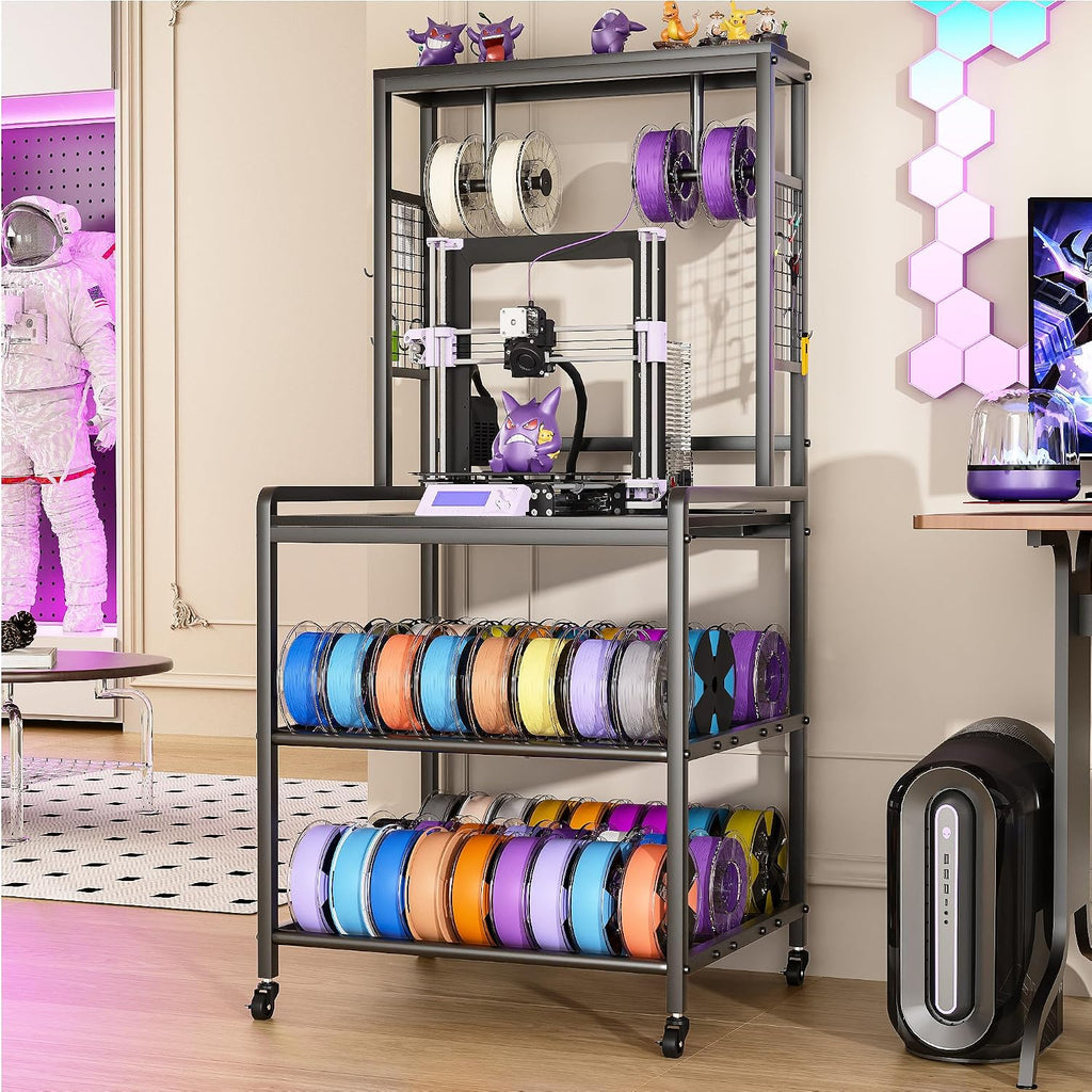 kepptory 3D Printer Stand with Filament Storage, Heavy Duty 3D Printer Table with Charging Station, Rolling Printer Cart Filament Storage Rack for PLA, ABS, PETG for Workshop/Office/Garage (Black)