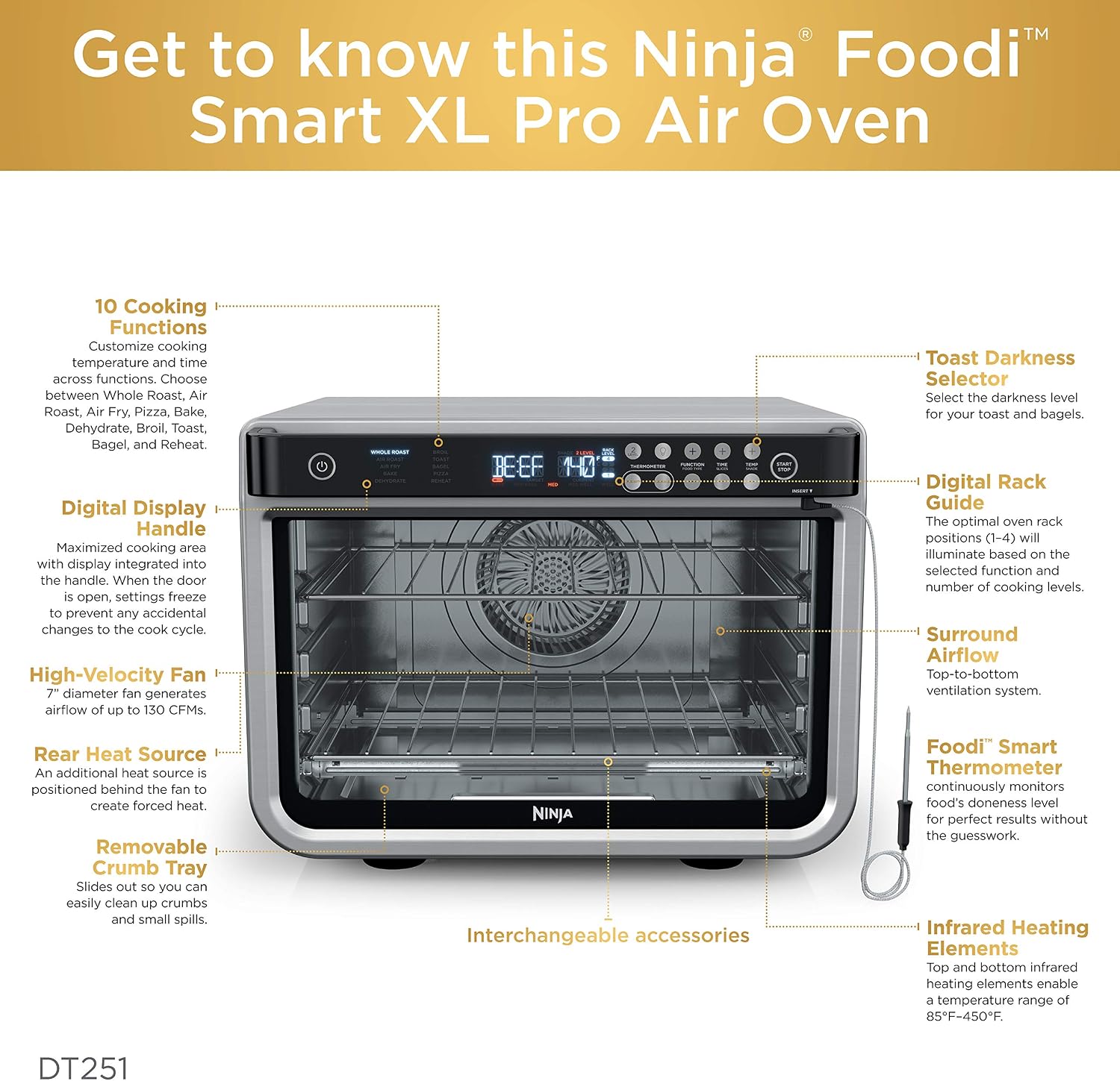 Ninja DT251 Foodi 10-in-1 Smart XL Air Fry Oven, Bake, Broil, Toast, Roast, Digital Toaster, Thermometer, True Surround Convection up to 450°F, includes 6 trays & Recipe Guide, Silver