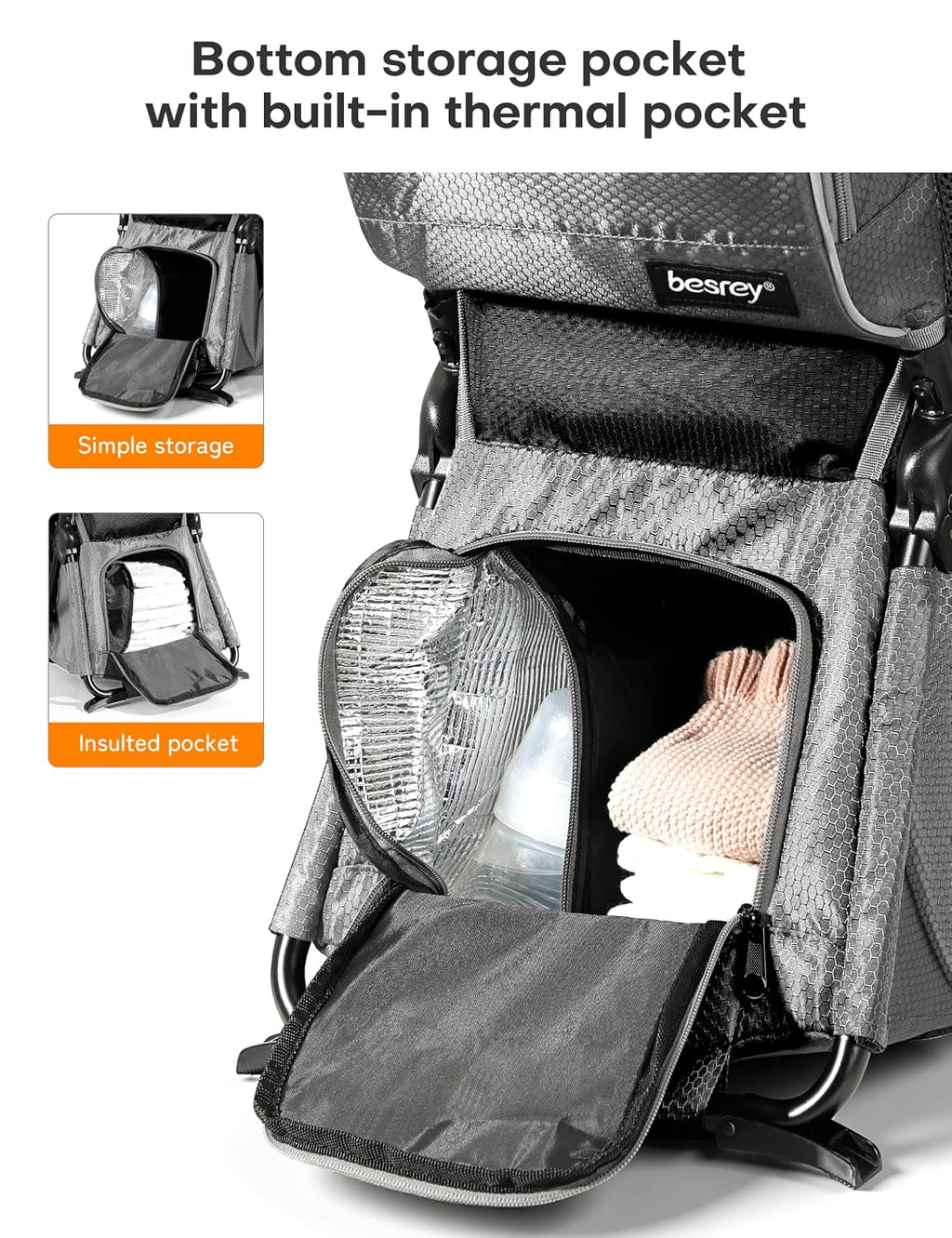 besrey Baby Backpack Carrier, Toddler Hiking Backpack with Safety 3-Height Seat, Adjustable Straps&Waist Belt, Foldable Frame Lightweight Large Capacity Child Carrier for Hiking (Silver Grey)