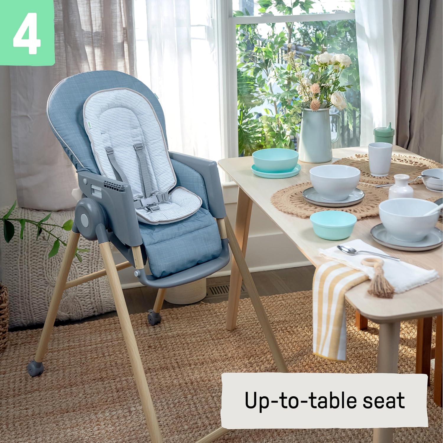 Ingenuity Proper Positioner Deluxe High Chair - 7-in-1 Convertible Baby Seat, Faux Wood Print Legs, Unisex, for Ages 0-36 Months