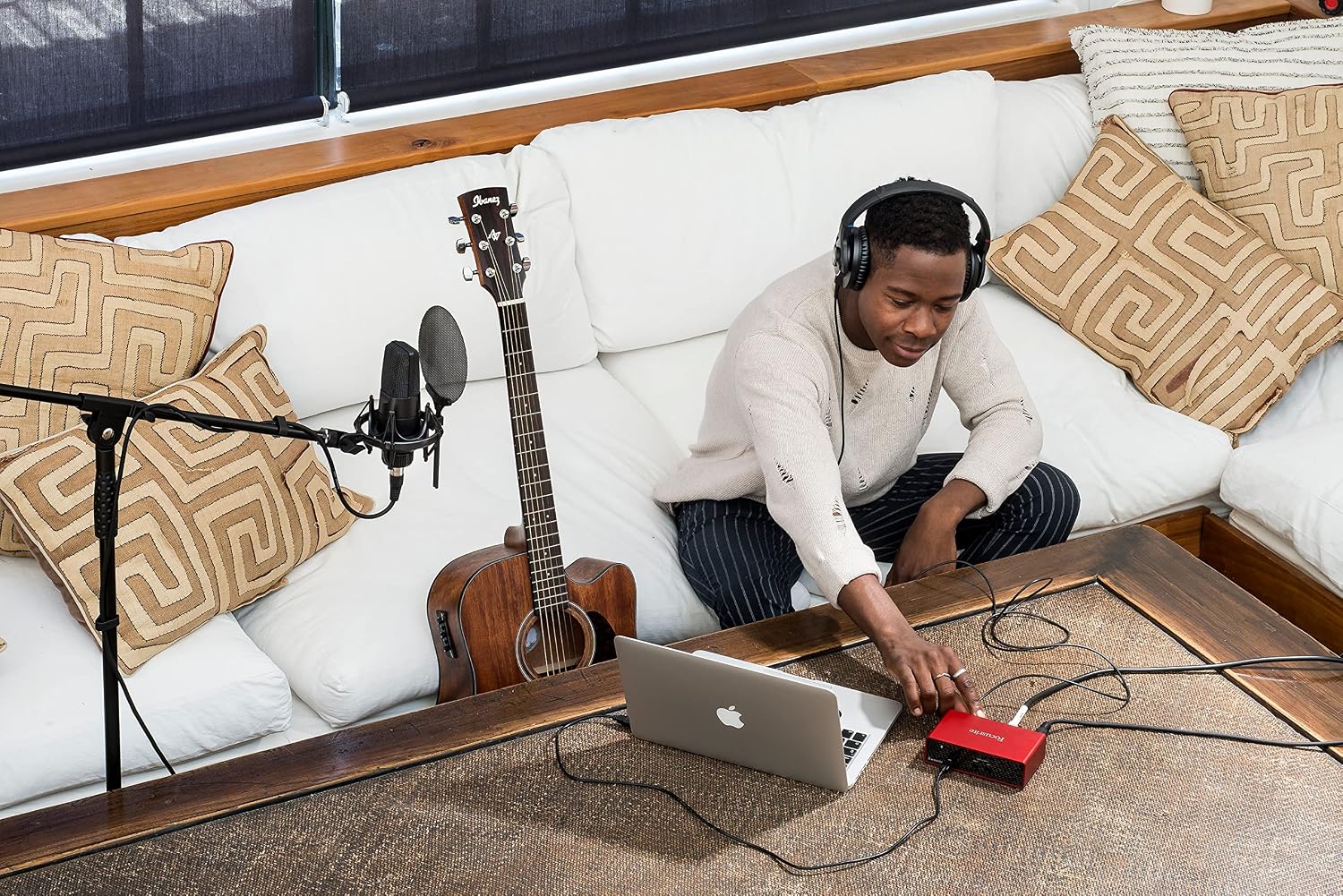 Focusrite Scarlett Solo 3rd Gen USB Audio Interface Bundle w/LyxPro Cardioid Condenser Mic, Shockmount, Pop Filter, XLR Cable, Metal Mic Stand, Studio Headphones & Focusrite Creative Software Kit