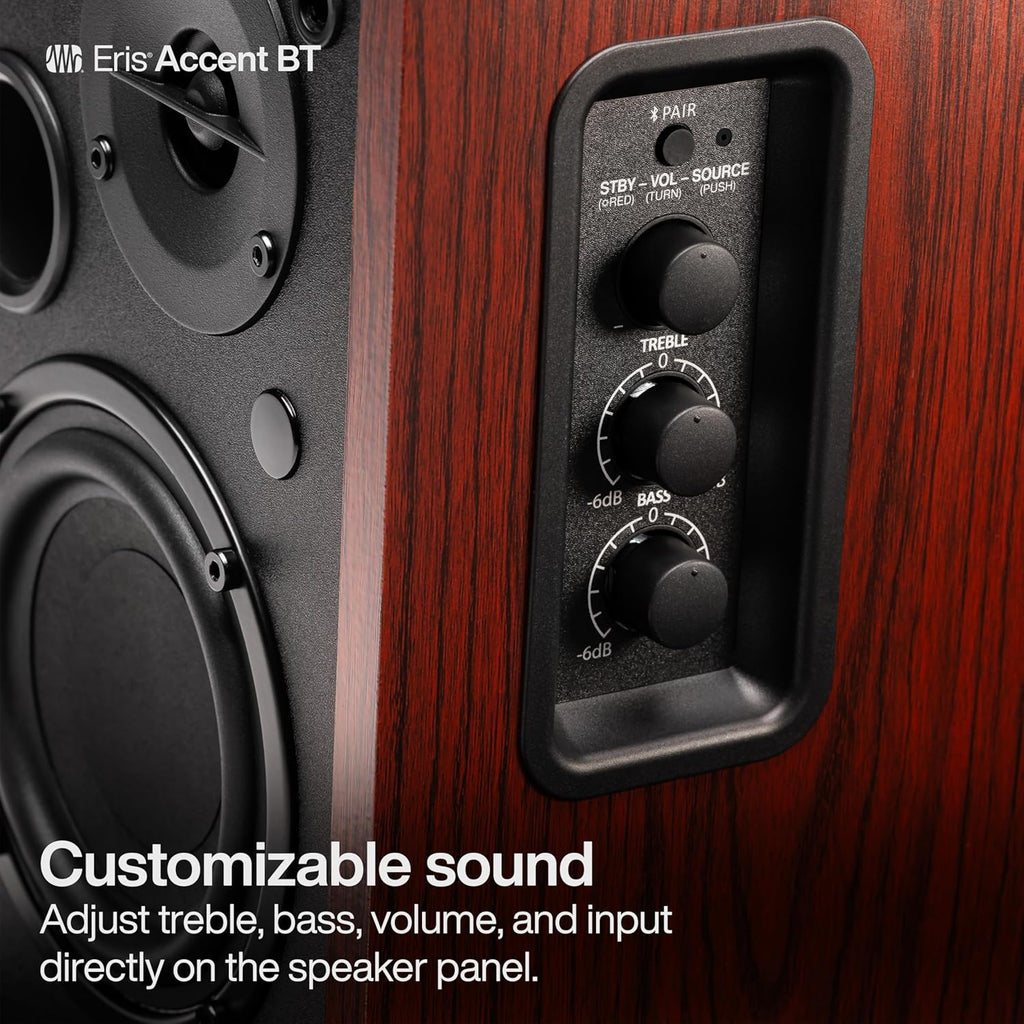 PreSonus Eris Accent BT 60W Powered Bookshelf Bluetooth Speakers – Studio Monitors for Turntable, Home, 4' Woofer, Silk Tweeter, USB-C, Optical, RCA, Coax, Remote, Sub Out, Wired Option, Wood Grain