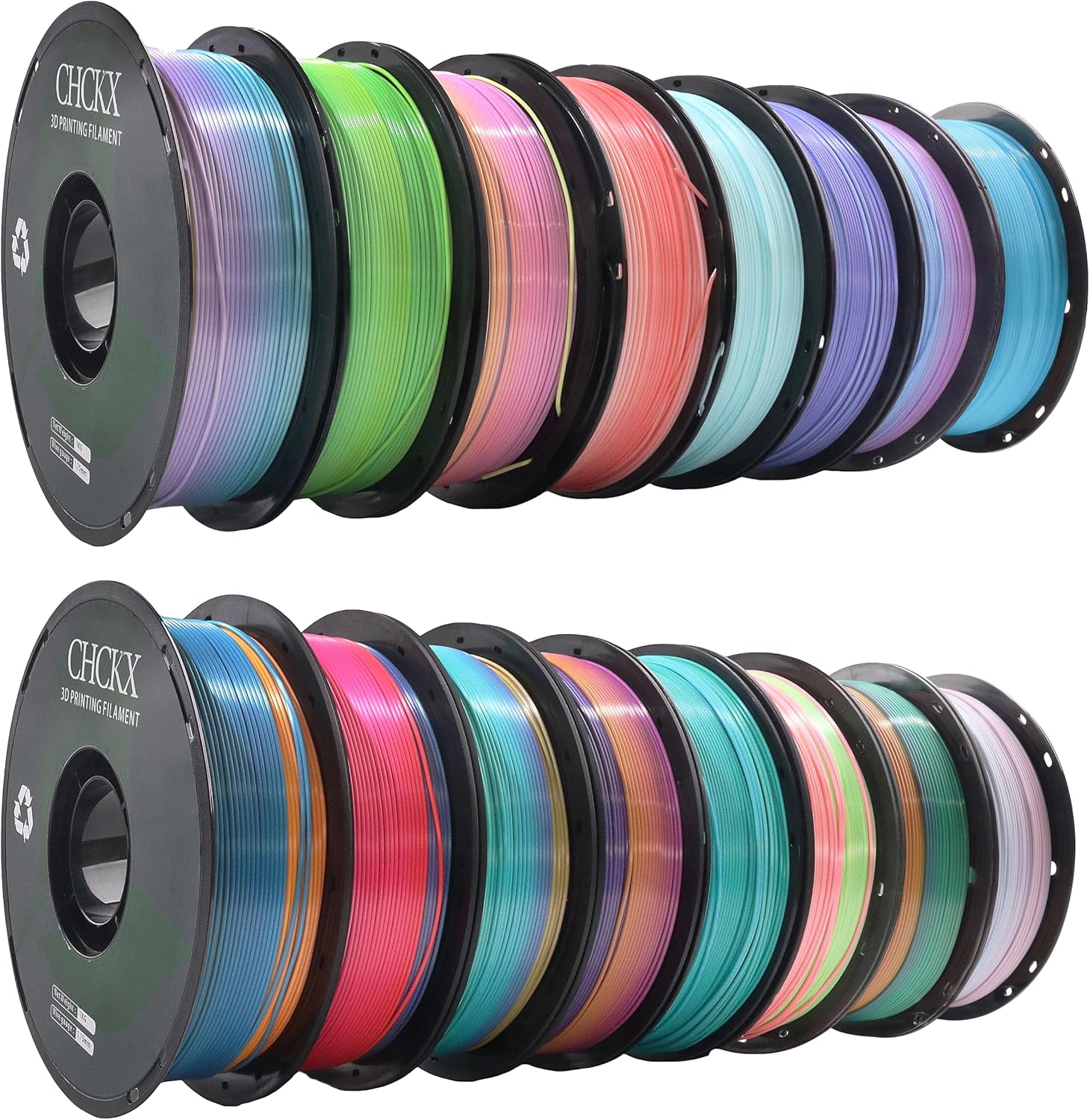 16 Pack Silk Rainbow PLA 3D Printer Filament Bundle, 16 Rolls,Dimensional Accuracy +/- 0.02 mm, 1kg (2.2lbs), 1.75 mm, Rainbow Candy,Blue Green,Red White,Blue White,Green, 16 Mix Rainbow Colors