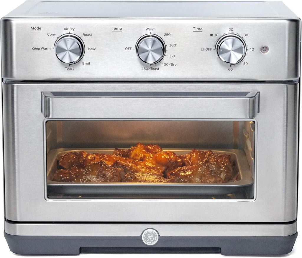 GE Mechanical Air Fryer Toaster Oven + Accessory Set | Convection Toaster with 7 Cook Modes | Large Capacity Oven - Fits 12' Pizza | Countertop Kitchen Essentials | Stainless Steel