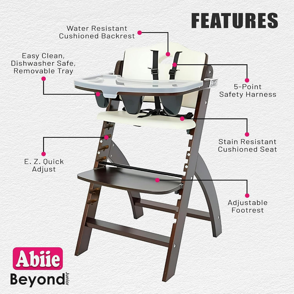 Abiie Beyond Junior Wooden High Chair for Babies and Toddlers - Convertible 3-in-1 Baby Highchair with Removable Tray - 6 Months to 250 Lb - Water Resistant - Mahogany Wood/White Cushion