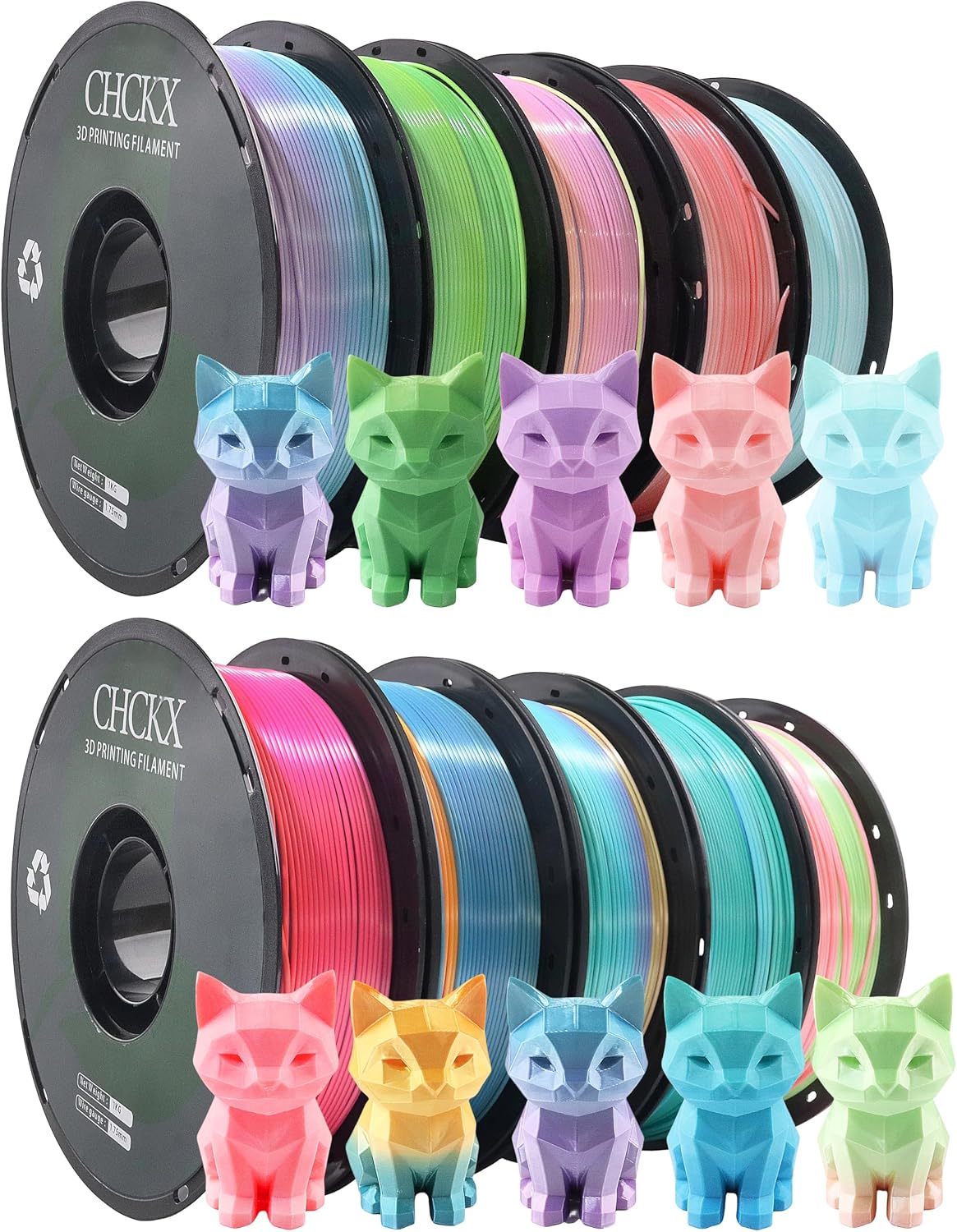 10 Pack Silk Rainbow PLA 3D Printer Filament Bundle, Dimensional Accuracy +/- 0.02 mm, 1kg (2.2lbs), 1.75 mm, Rainbow Candy,Blue Green,Red White,Blue White,Green, 10 Mix Rainbow Colors