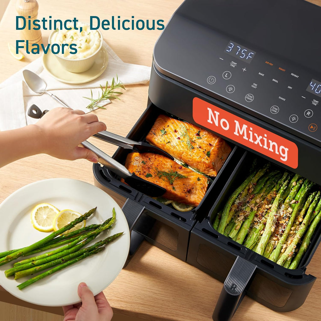 COSORI Dual Air Fryer 9Qt – 10-in-1, Fresh Balanced Meals for Family and Children with Double Baskets, Sync Cook & Finish to Bake, Roast, Reheat, Broil & 130 Recipes for Easy Cooking, Dishwasher Safe