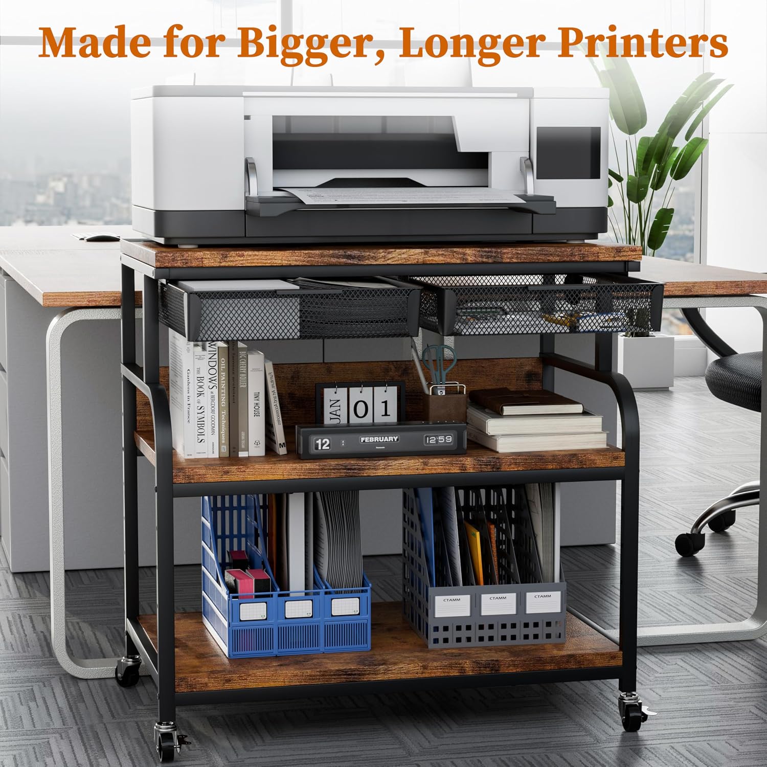 EasyCom 32.3'x18.9' Extra Large Printer Stand with Double Drawers, 5-Adjustable Heights 3 Tier Table with Wheels, Rolling Printer Cart with Storage for Printer Scanner Fax Home Office Use