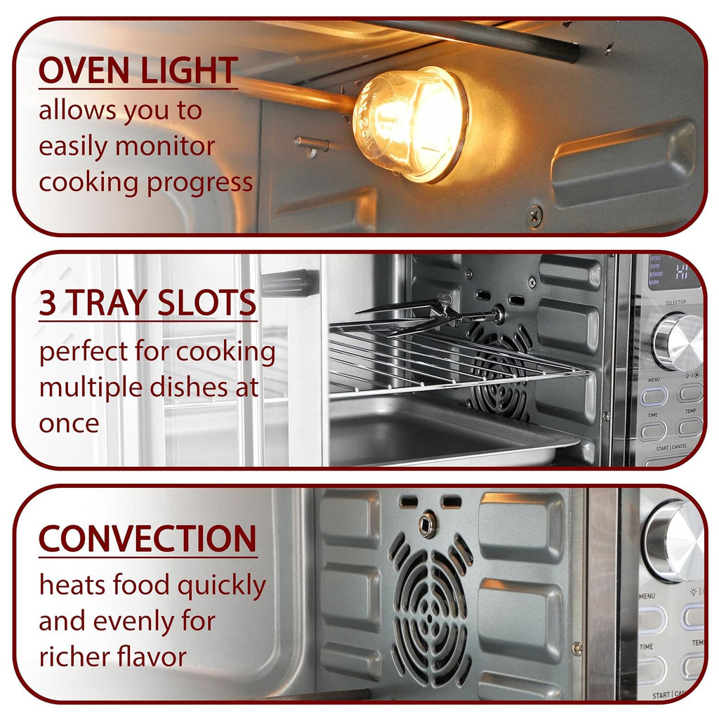 MegaChef 25 Liter Digital Electric French Door Multi-Function Counter Top Oven with Rotisserie Set & Toast, Bagel, Pizza, Bake, Roast, Broil, Cookies, Rotisserie, Dehydrate, Ferment, Warm Functions