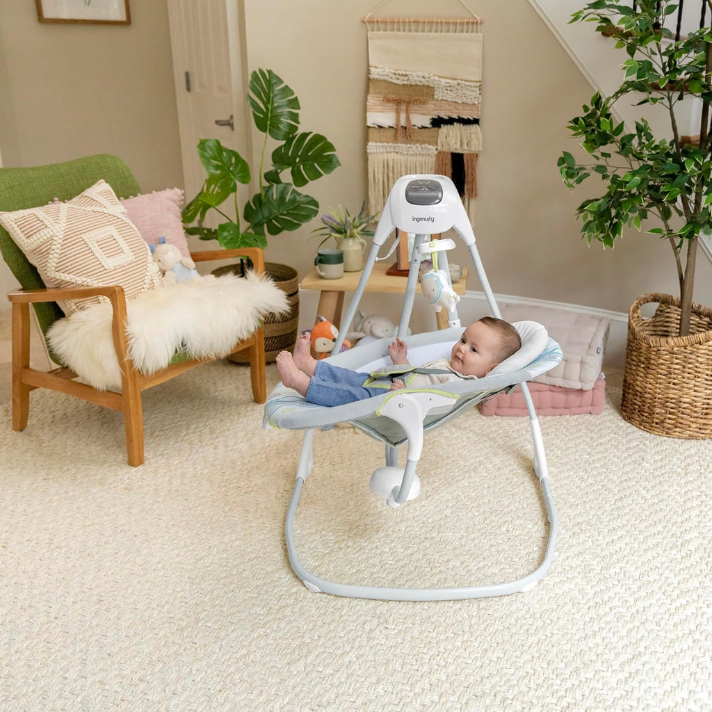 Ingenuity SimpleComfort Lightweight Compact 6-Speed Multi-Direction Baby Swing, Vibrations & Nature Sounds, 0-9 Months 6-20 lbs (Everston)