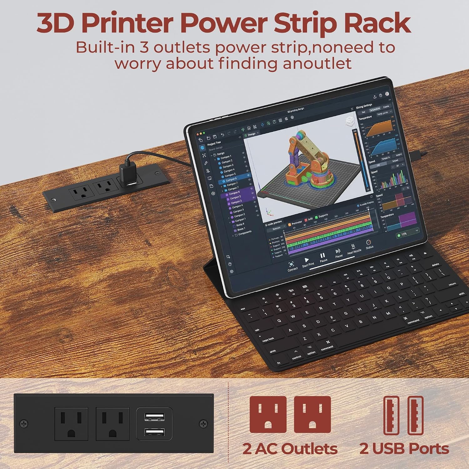 3D Printer Stand with Filament Storage – Heavy Duty Metal 3D Printer Table with Drawer and Power Hub for Workshop, Studio, and Office
