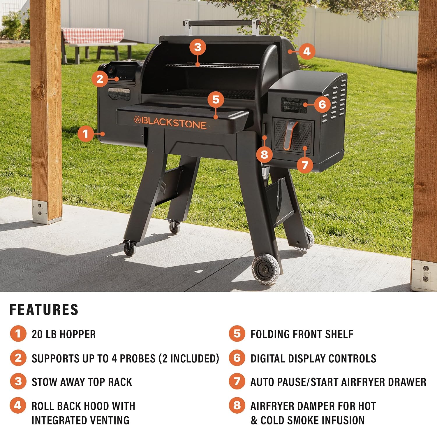 Blackstone 2258 Pellet Grill/Air Fryer Combo Unit, Powder Coated Steel, Black