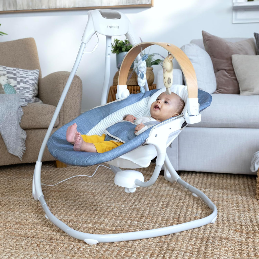 Ingenuity SimpleComfort Compact Baby Swing, Rotating Seat Swings in 3 Directions, 6 Speeds, 8 Melodies & 3 Nature Sounds, Ages 0-9 Months, Up to 20 Pounds - Chambray