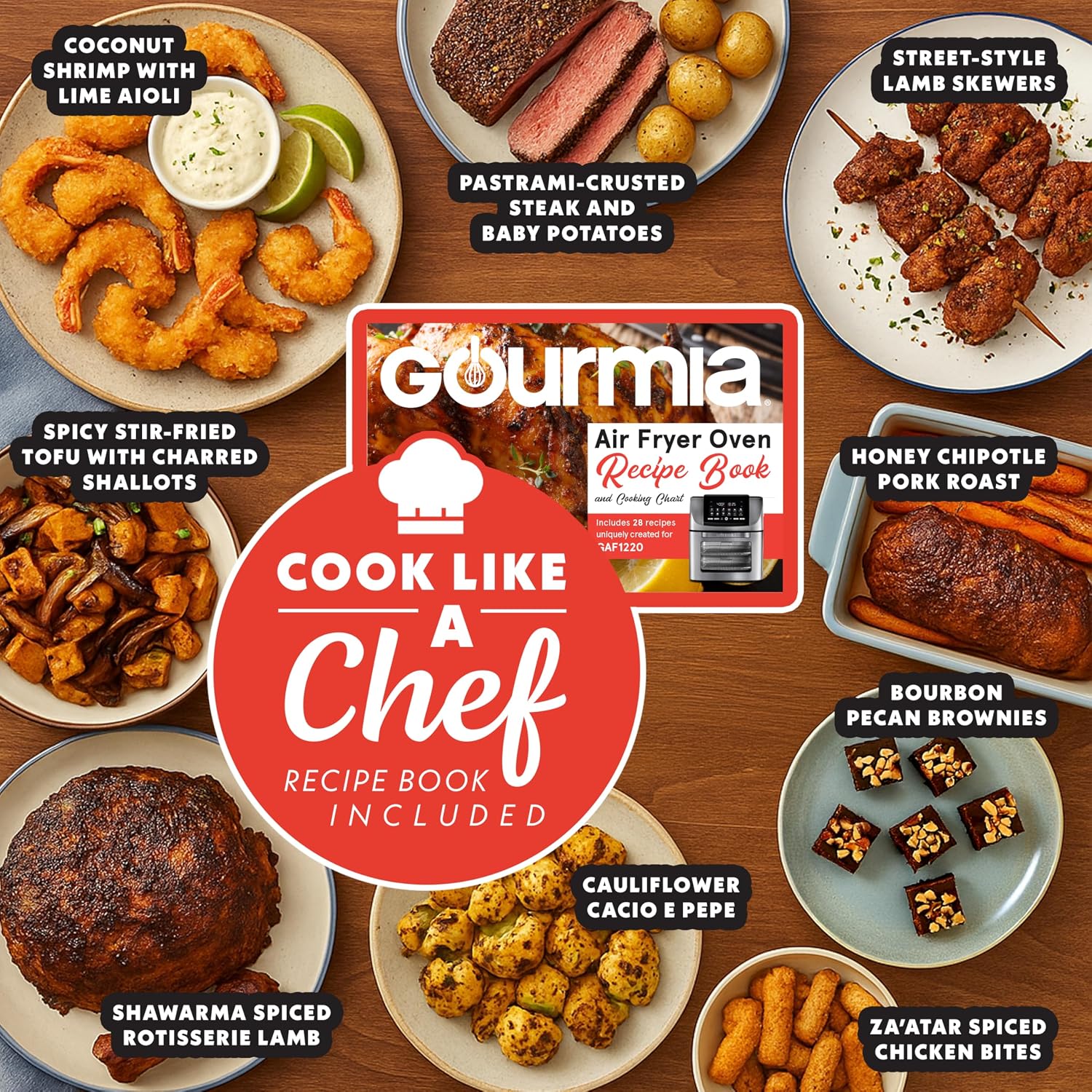Gourmia Air Fryer - 14 Qt All-in-One Rotisserie Oven with Digital Display, 12 Presets, Roast, Bake, Broil, Dehydrate, Dishwasher Safe Accessories, Stainless Steel