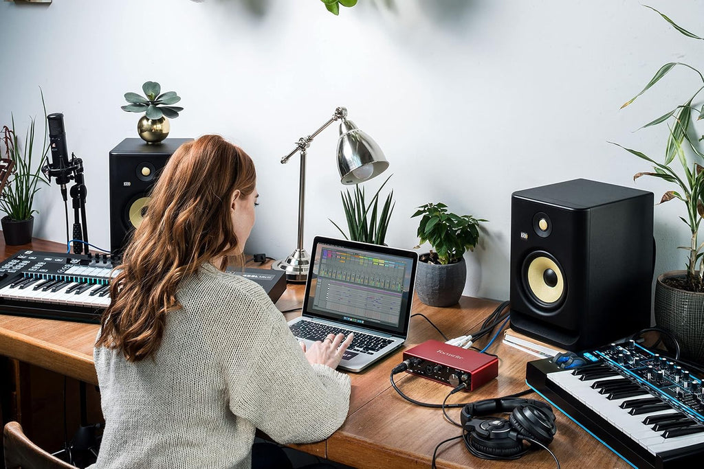 Focusrite Scarlett 4i4 USB-C Audio Interface Studio Bundle with Mackie CR3-X Monitors Condenser Microphone Headphones Boom Stand Pop Filter XLR and TRS Cables and Production Software