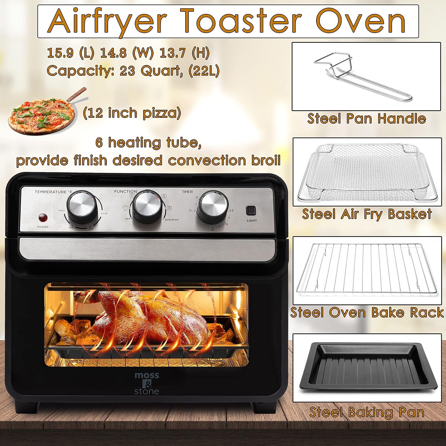Moss & Stone Air Fryer Oven, 6-in-1 Toaster Oven 23 Quart, Airfryer Toaster Oven For Roast, Bake, Broil, Stainless Steel Accessories Included, Black Convection Oven Countertop.
