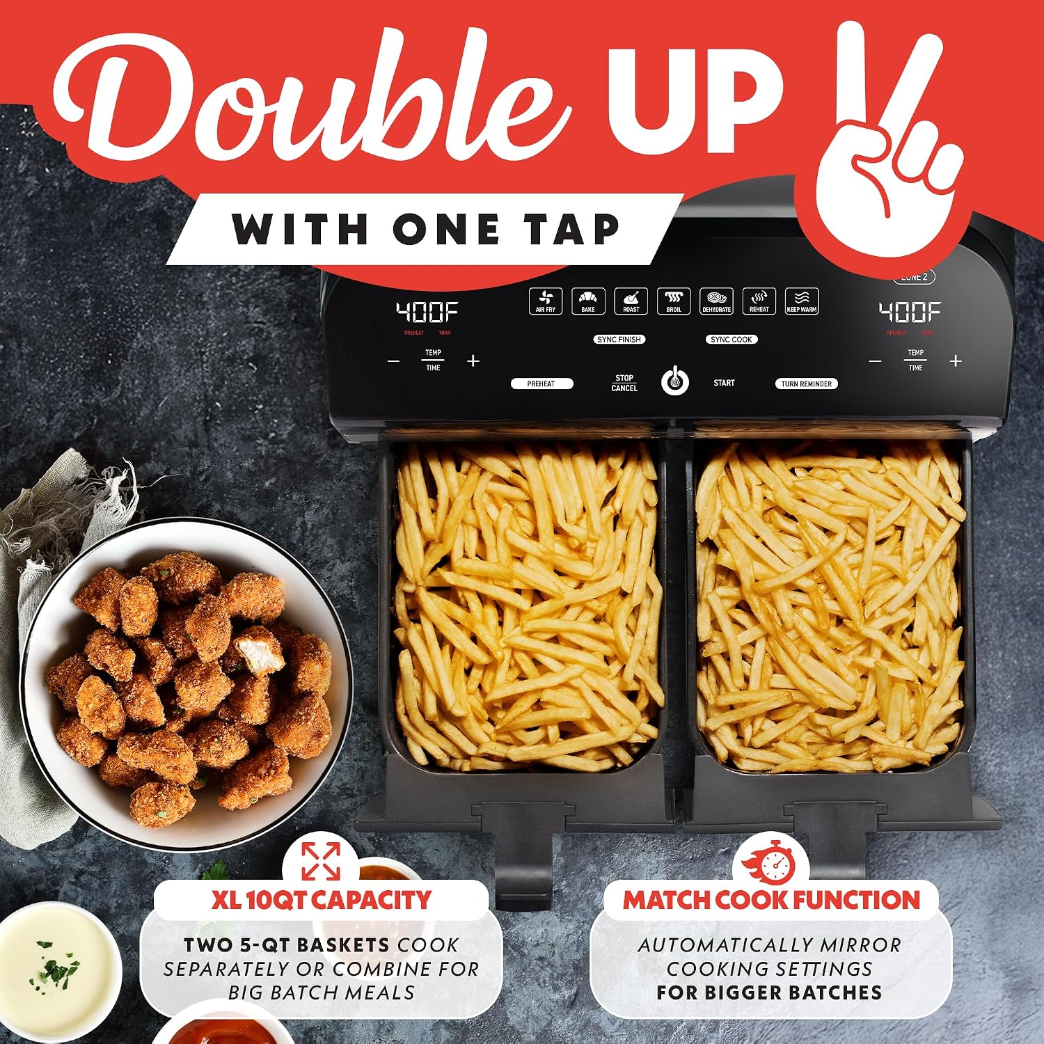Gourmia Dual Basket Air Fryer - 10 Qt Large Capacity, FryForce360º, Digital Display with 7 Presets, Roast, Bake, Broil, Dehydrate, Match Cook, Sync Finish, Dishwasher Safe Accessories, Black