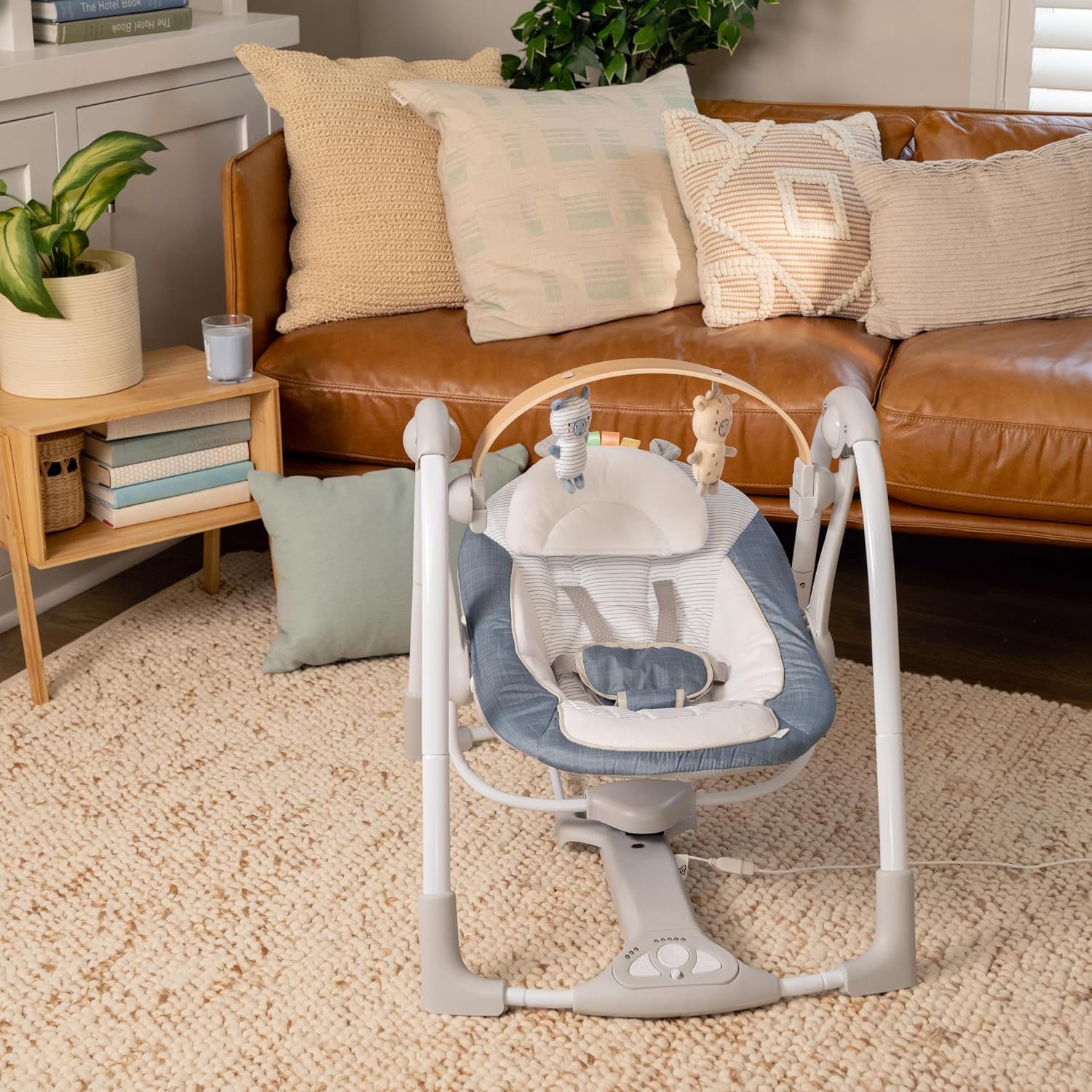 Ingenuity Swing n Go Portable Swing, Removable Sustainably Sourced Wood Toy Bar, 5-Speed, for Ages 0-9 Months, Up to 20 Pounds - Chambray