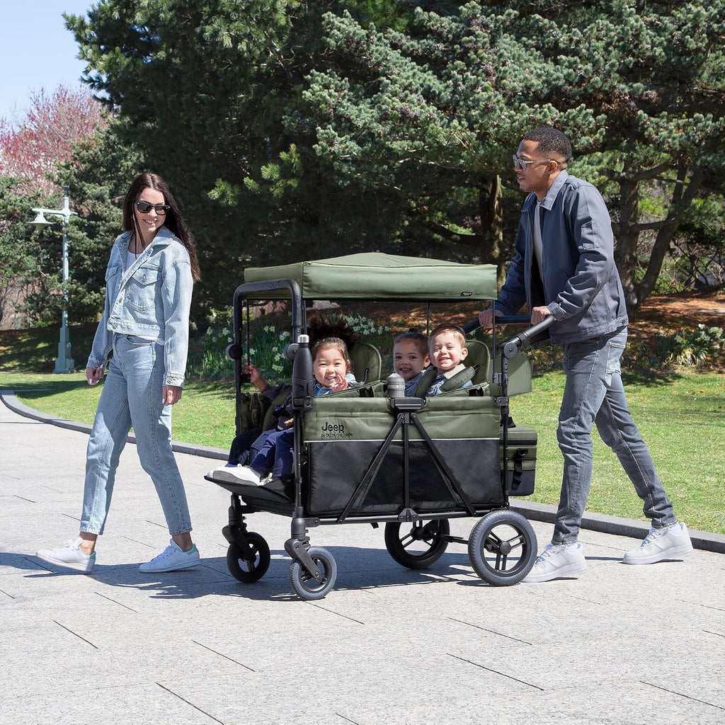Delta Children - Jeep Wrangler Deluxe 4 Seater Stroller Wagon - Premium Quad Stroller Wagon for 4 Kids with Convertible Seats, Adjustable Push/Pull Handles, Removable Canopy & Flat Fold, Black/Green