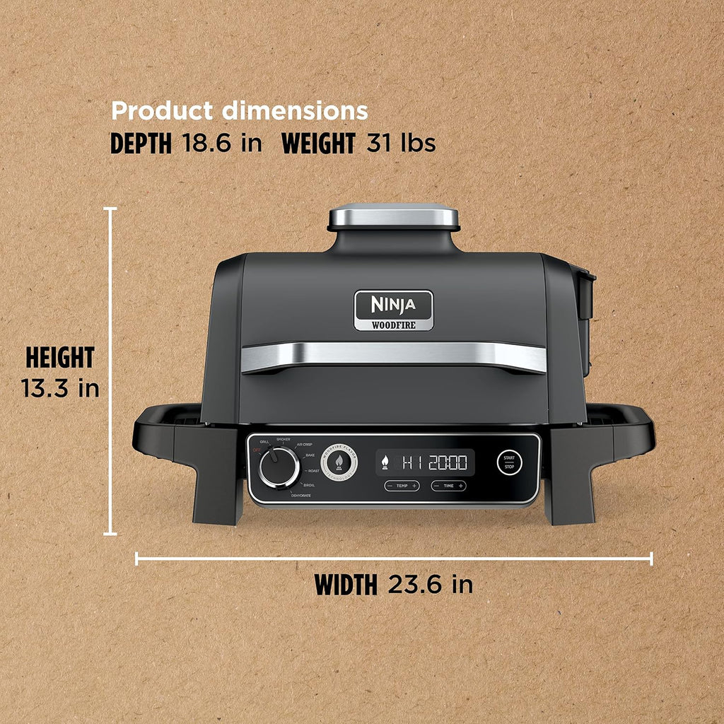 Ninja | Woodfire Series | 7-in-1 (Grill, BBQ, Roast, Air Fry, Dehydrate, Broil, Smoke) | Portable & Weather Resistant | Cook Up To 6 Steaks & 30 Hot Dogs | Woodfire Pellets included | OG701