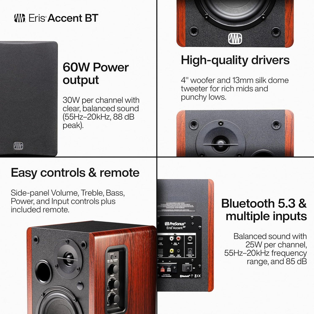 PreSonus Eris Accent BT 60W Powered Bookshelf Bluetooth Speakers – Studio Monitors for Turntable, Home, 4' Woofer, Silk Tweeter, USB-C, Optical, RCA, Coax, Remote, Sub Out, Wired Option, Wood Grain