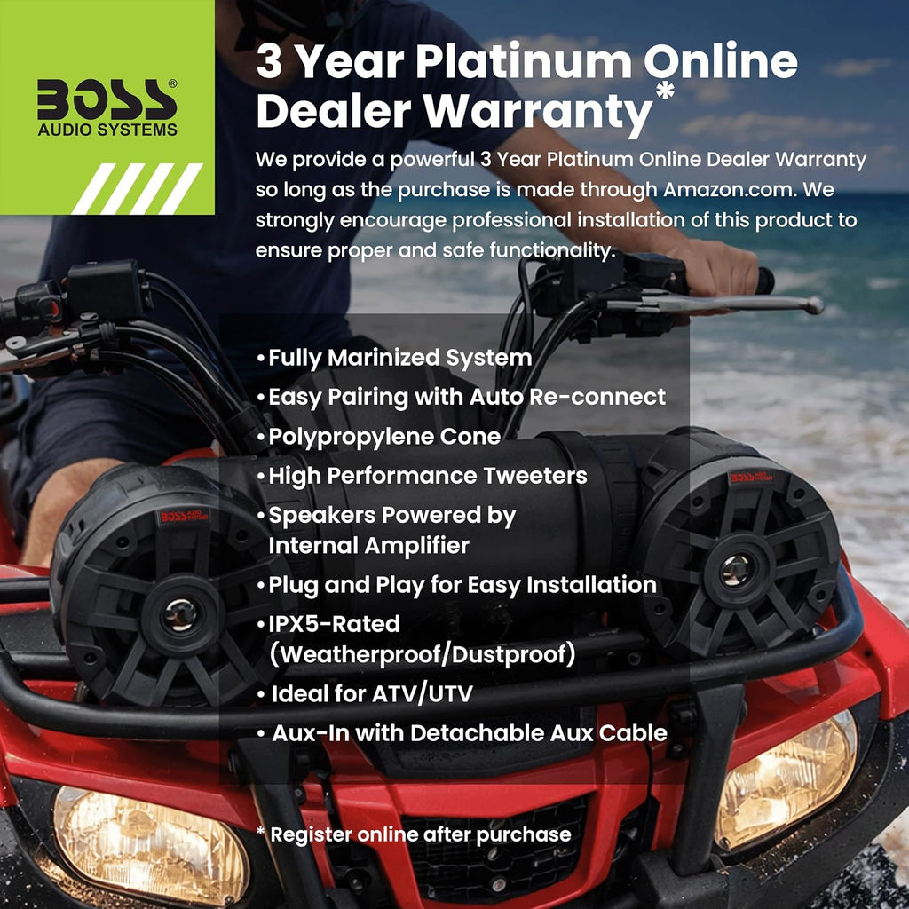 BOSS Audio Systems ATV6.5B ATV UTV Weatherproof Sound System - 6.5 Inch Speakers, 1.5 Inch Tweeters, Built-in Amplifier, Bluetooth, Easy Installation for 12V Vehicles