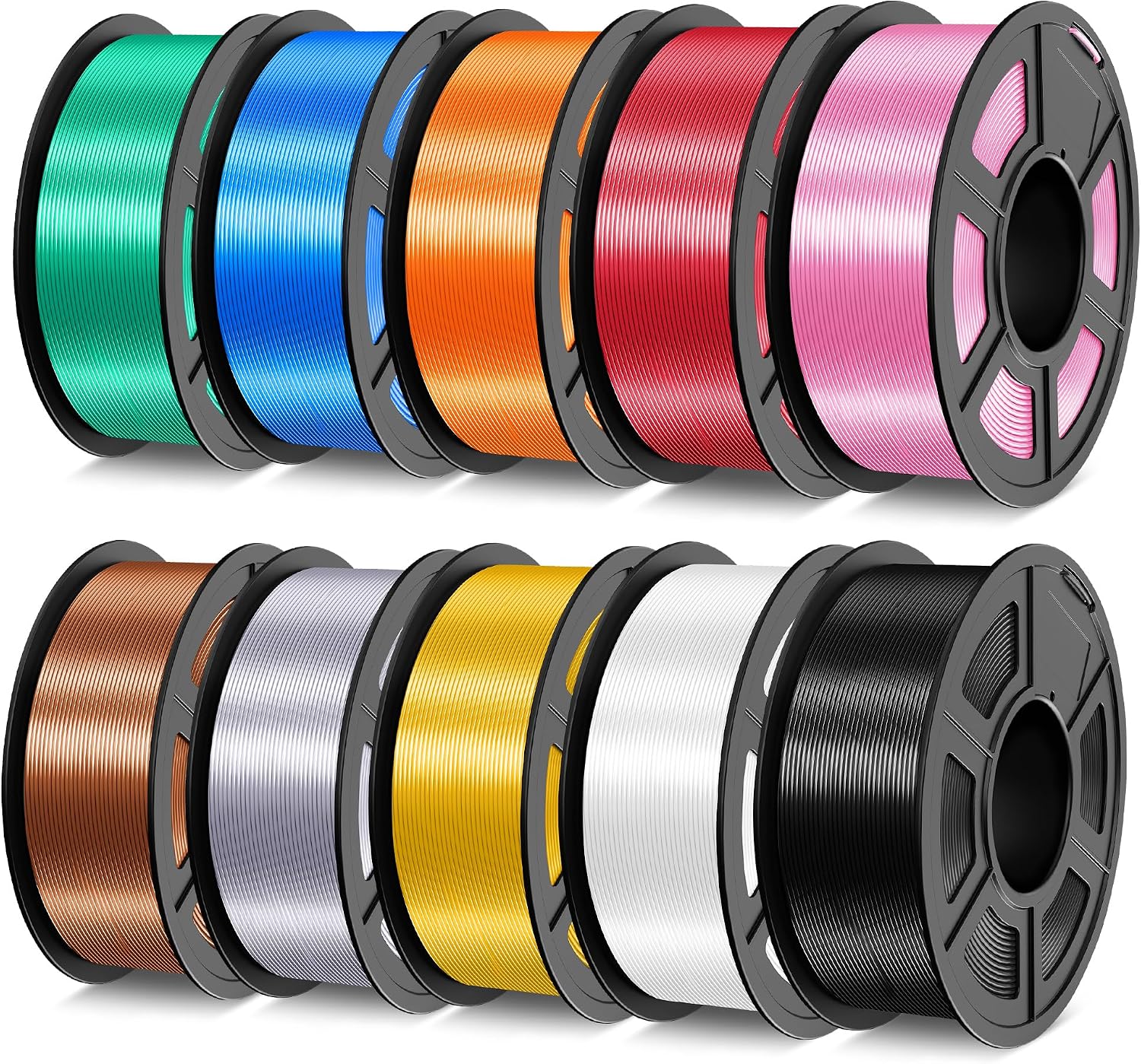 TECBEARS Silk Filament Bundle, 10KG Shiny Silk PLA Filament with Smooth Silky Surface, Pack of 10, Light Gold+Sliver+Black+White+Red Copper+Pink+Red+Blue+Green+Orange