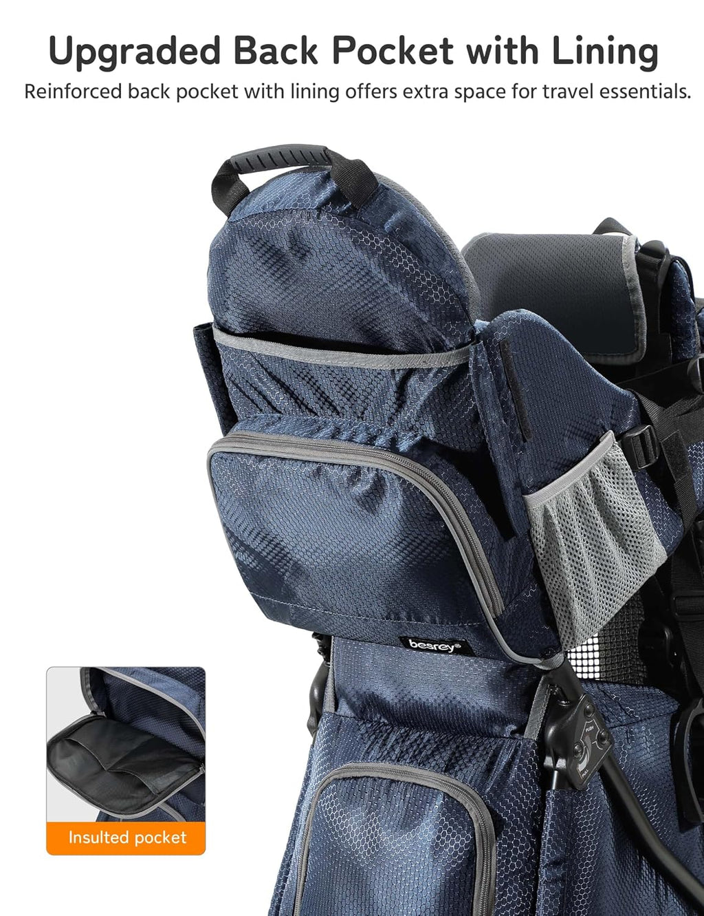 besrey Baby Backpack Carrier, Toddler Hiking Backpack with Safety 3-Height Seat, Adjustable Straps&Waist Belt, Foldable Frame Lightweight Large Capacity Child Carrier for Hiking (Blue)