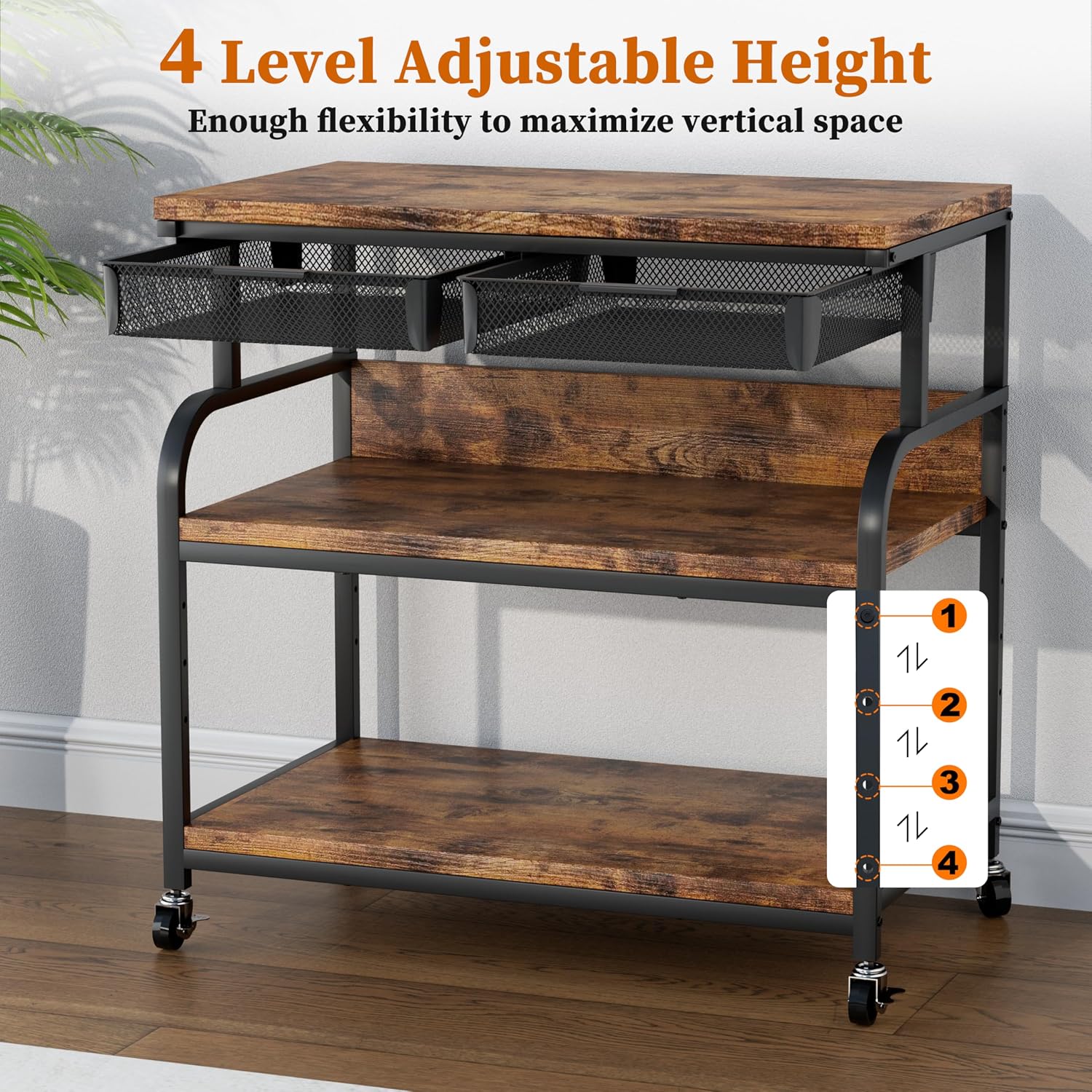 EasyCom 32.3'x18.9' Extra Large Printer Stand with Double Drawers, 5-Adjustable Heights 3 Tier Table with Wheels, Rolling Printer Cart with Storage for Printer Scanner Fax Home Office Use