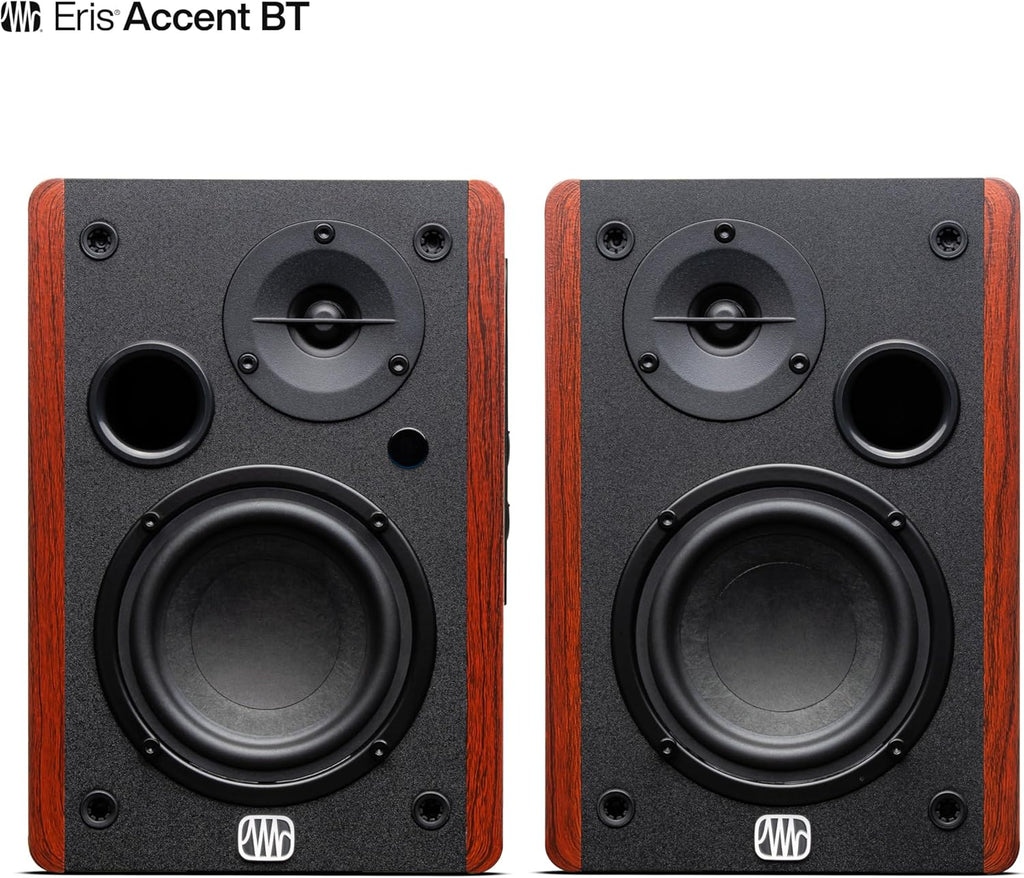 PreSonus Eris Accent BT 60W Powered Bookshelf Bluetooth Speakers – Studio Monitors for Turntable, Home, 4' Woofer, Silk Tweeter, USB-C, Optical, RCA, Coax, Remote, Sub Out, Wired Option, Wood Grain