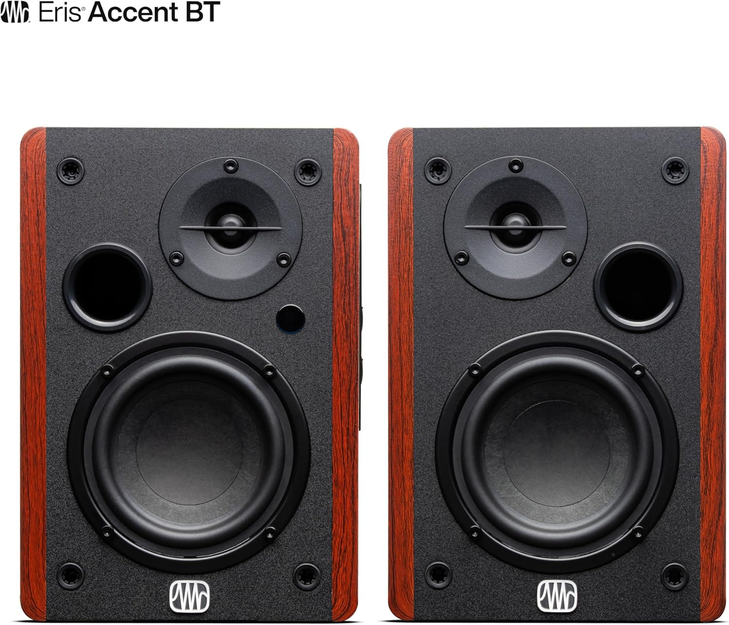 PreSonus Eris Accent BT 60W Powered Bookshelf Bluetooth Speakers – Studio Monitors for Turntable, Home, 4' Woofer, Silk Tweeter, USB-C, Optical, RCA, Coax, Remote, Sub Out, Wired Option, Wood Grain