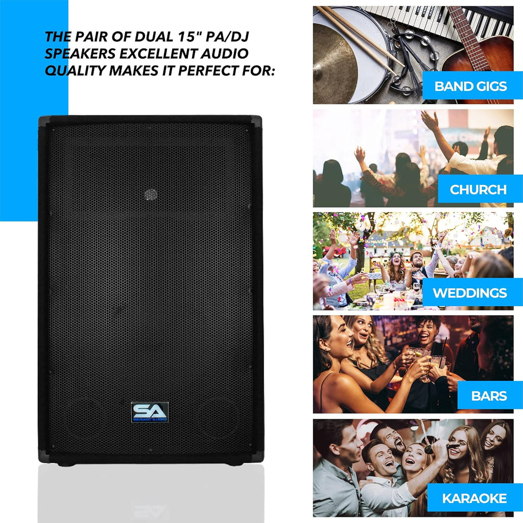 SA-15T - Pair of 15 Inch PA/DJ/Band Speaker Cabinets with Titanium Horns Pro Audio 700 Watts RMS