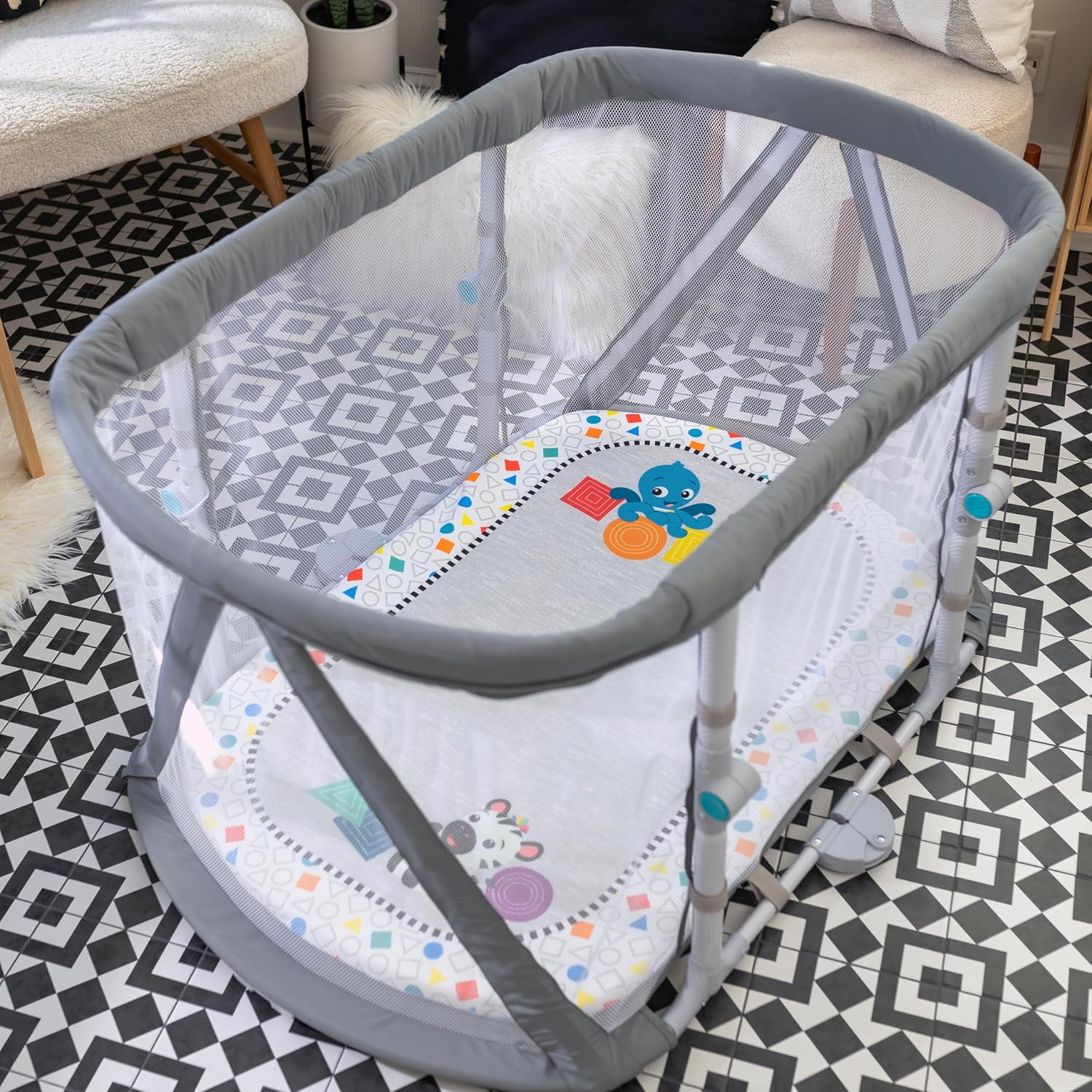 Baby Einstein Kick & Snooze 3-in-1 Foldable Playard, Bassinet and Musical Play Gym, Includes Fitted Sheet, 3-Step Easy Fold, Piano Toy with 25+ Minutes of Music, Grows with Baby, Ages 0 Months and Up