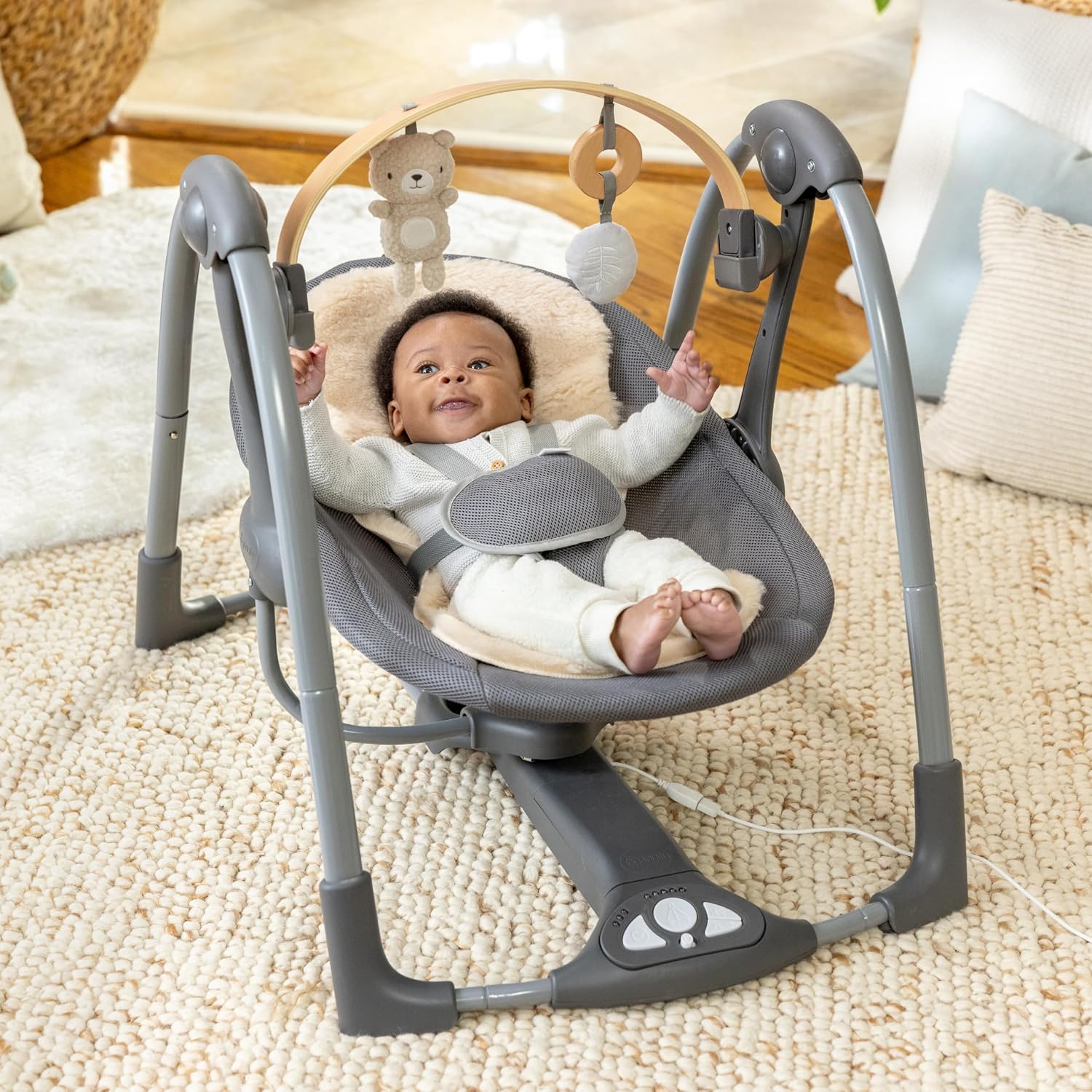 Ingenuity Every Season Swing 'n Go Portable Swing - Cooling and Warming Fabrics, Detachable Sustainable Wooden Toy Bar, 2 Toys, Music, Motorized Swing, for Ages 0-9 Months, Grey - Wesley