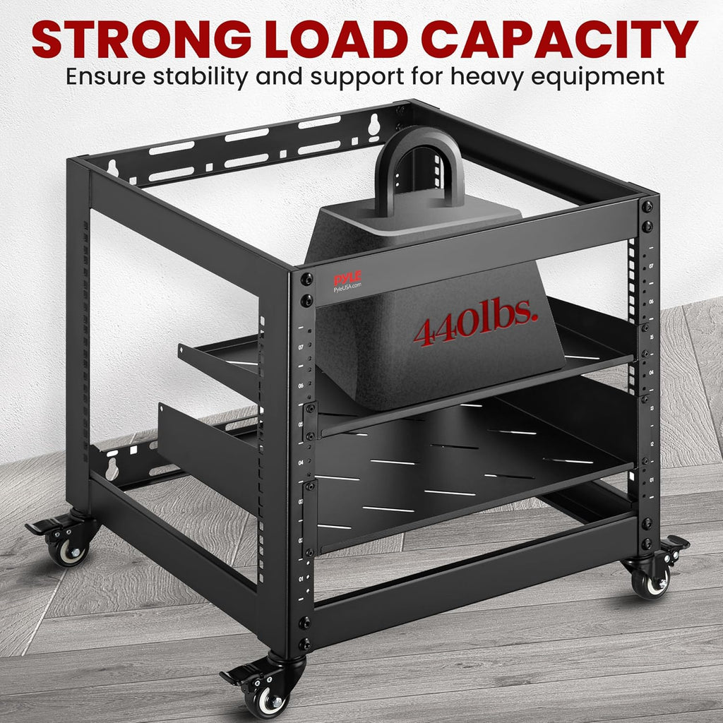 Pyle 10U Network Cabinet - Enclosed Wall Mount Server Rack w/Fan, Lockable Door, Heavy-Duty Wheels, Steel Construction, Vented Shelves, Easy Access, 19' Equipment Compatible, 20 x 20 x 17 in (Black)