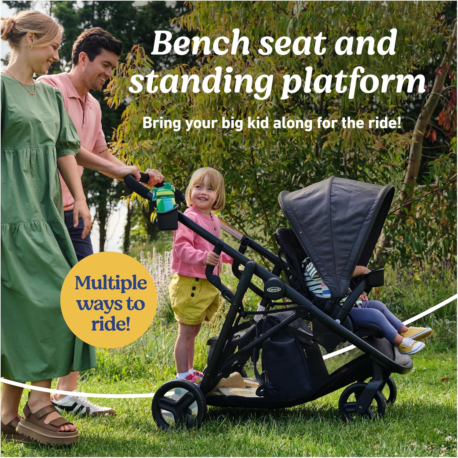 Graco Ready2Grow LX 2.0 Double Stroller, Twin Baby Stroller Features Bench Seat and Standing Platform Options, Compact Fold Perfect for Baby Travel, Clark