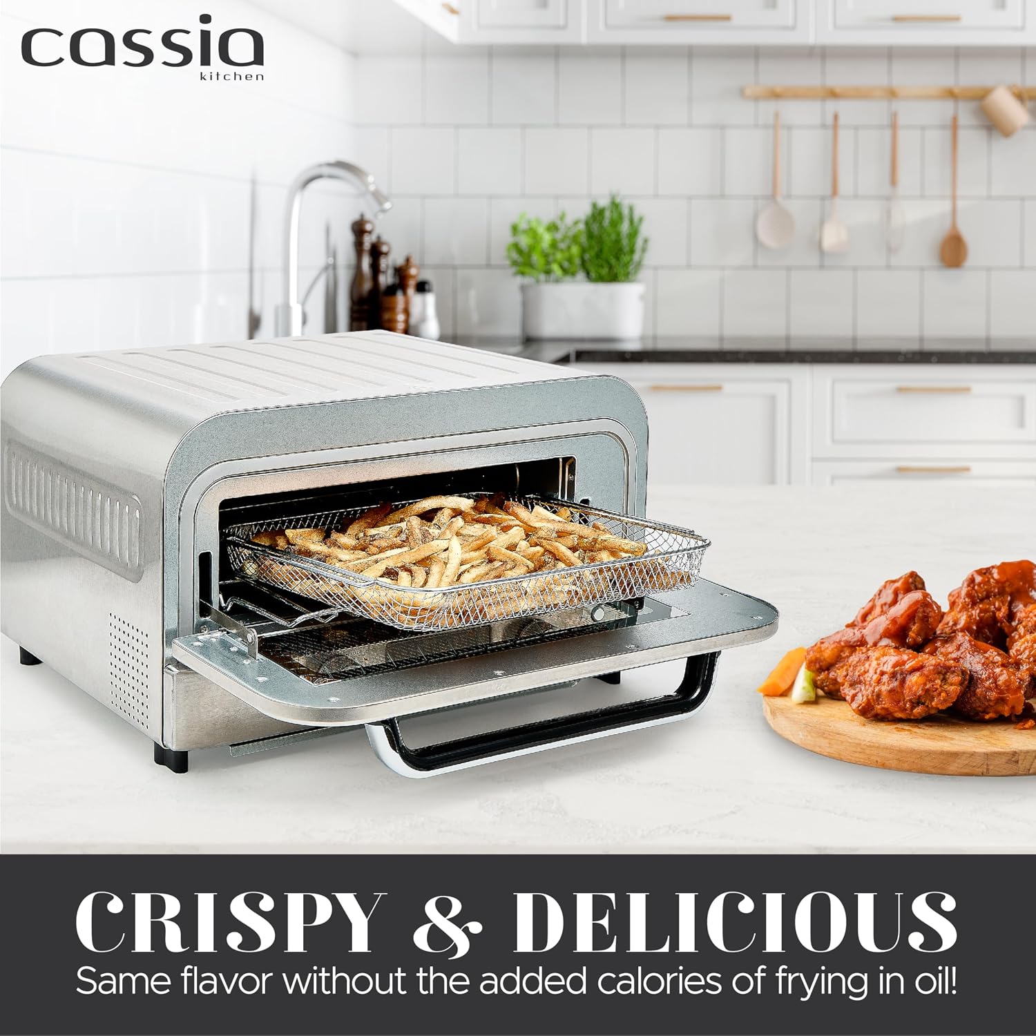Cassia Countertop Electric Air Fryer Pizza Oven, 12' Capacity, 20L, 1800W, Heats up to 750°F, 16 Presets, Includes Pizza Stone, Peel, Fry Basket, Stainless Steel