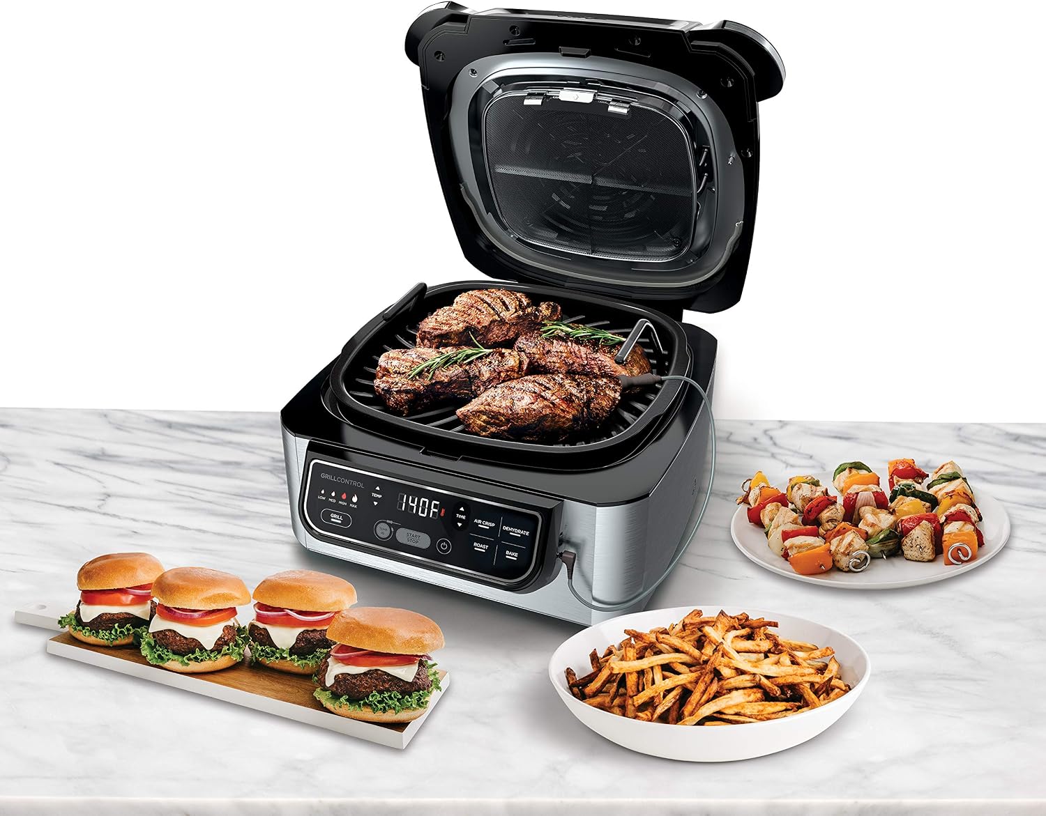 Ninja Foodi Pro 5-in-1 Indoor Integrated Smart Probe, 4-Quart Air Fryer, Roast, Bake, Dehydrate, an Cyclonic Grilling Technology, with 4 Steaks Capacity, in a Stainless Finish