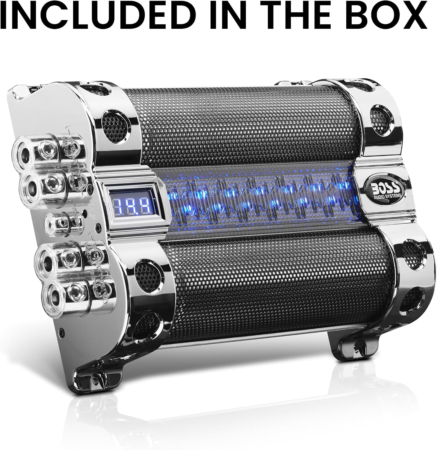 BOSS Audio Systems Cap18 - 18 Farad Car Capacitor For Energy Storage To Enhance Bass Demand From Audio System, Audible Warning Tone For Reverse Polarity, Voltage Overload Low Battery Voltage Led