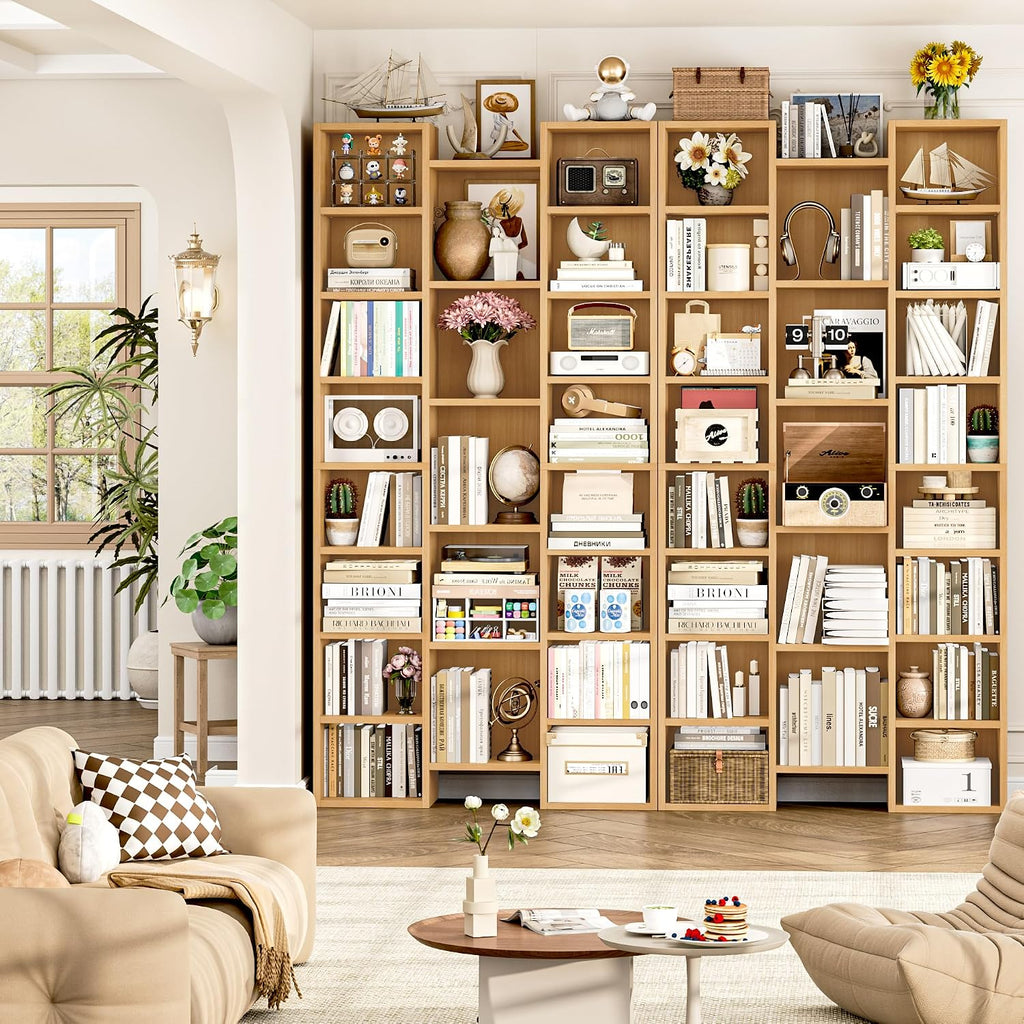 FOTOSOK 71'' Tall Bookshelf with 21 Cubes, 8 Tier Triple Wide Bookshelf with 8 Adjustable Shelves, 35' Wood Bookcase DVD/CD Media Tower Storage, Freestanding Display Shelf Cabinet, Natural