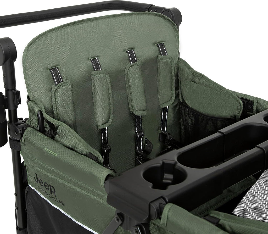 Delta Children - Jeep Wrangler Deluxe 4 Seater Stroller Wagon - Premium Quad Stroller Wagon for 4 Kids with Convertible Seats, Adjustable Push/Pull Handles, Removable Canopy & Flat Fold, Black/Green