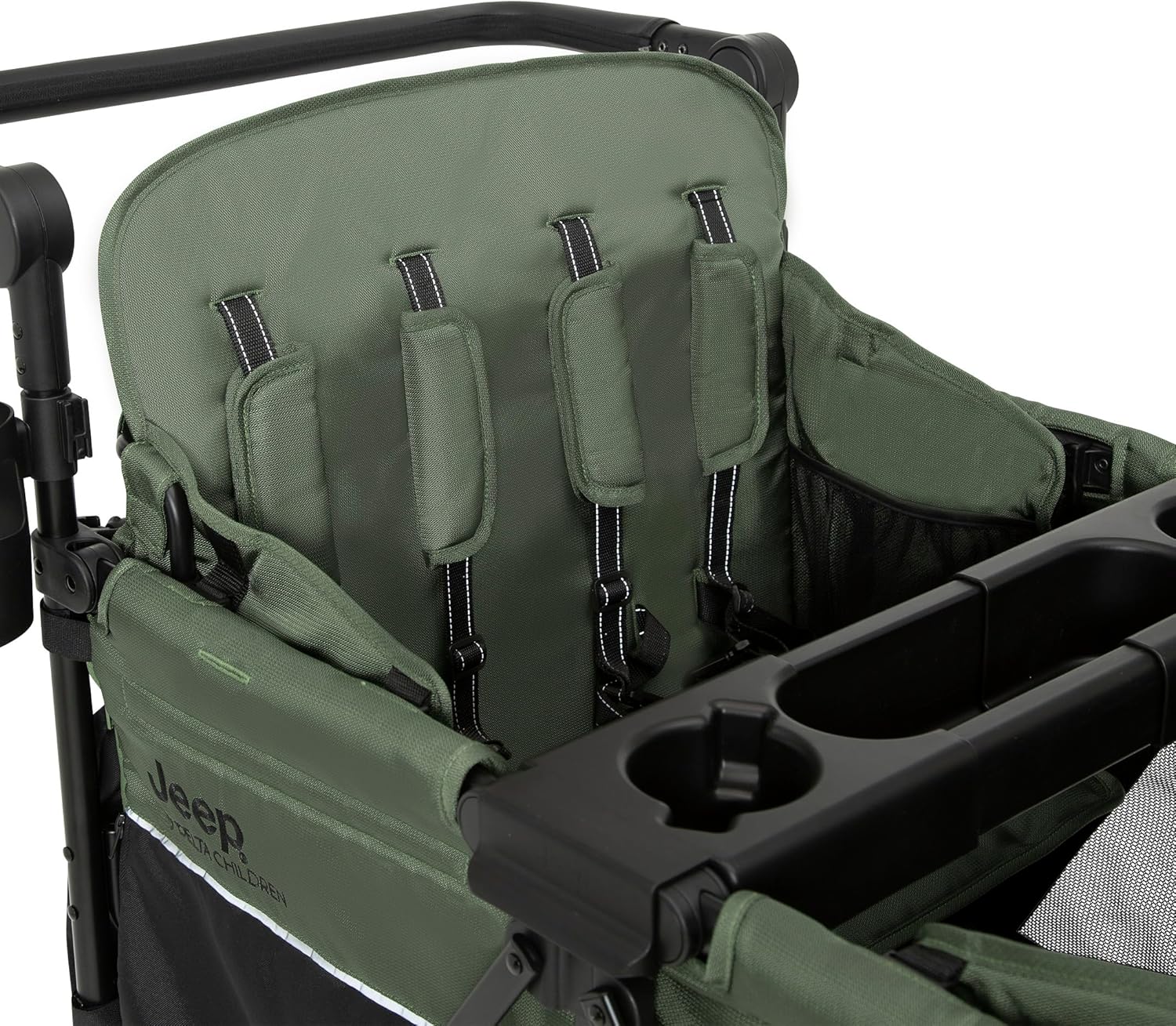 Delta Children - Jeep Wrangler Deluxe 4 Seater Stroller Wagon - Premium Quad Stroller Wagon for 4 Kids with Convertible Seats, Adjustable Push/Pull Handles, Removable Canopy & Flat Fold, Black/Green
