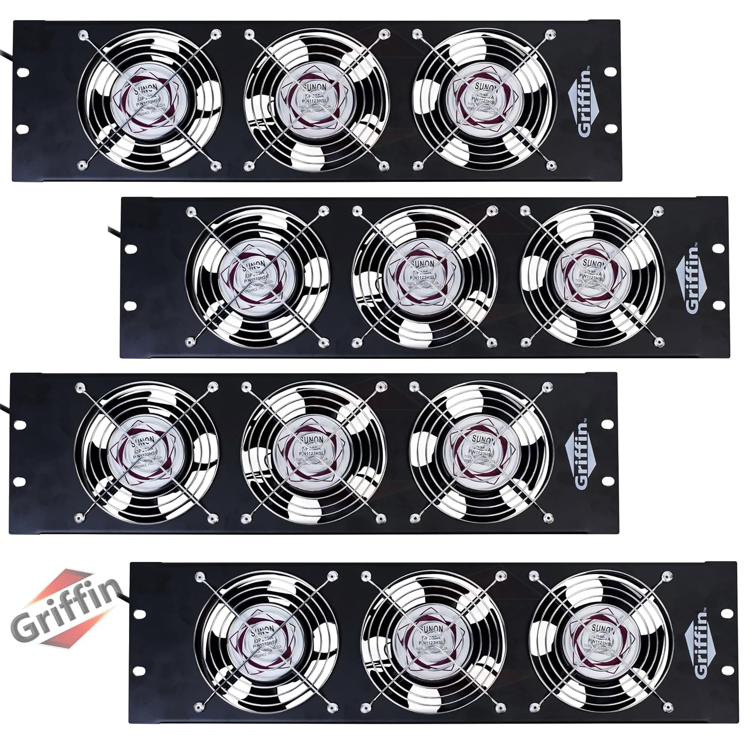 GRIFFIN Rackmount Exhaust Fan (UltraQuiet X Edition) 4-Pack– 3U Triple Cooling Fans, Keep Studio Audio Equipment Gear Cool – Rack Mount on Network IT System Server Rails – Temperature Control Panel