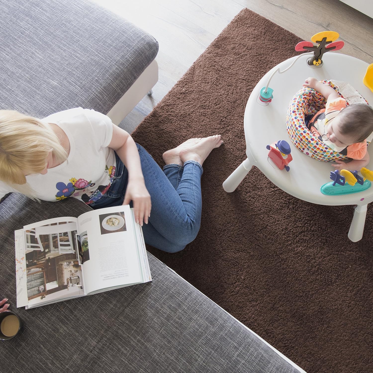 ORIBEL PortaPlay Convertible 3-in-1 Baby Activity Center & Play Table | Patented Bouncy Seat | Stable Foot Support | 5 Months+ | Development Focused Toys (Wonderland Adventure, Grey)