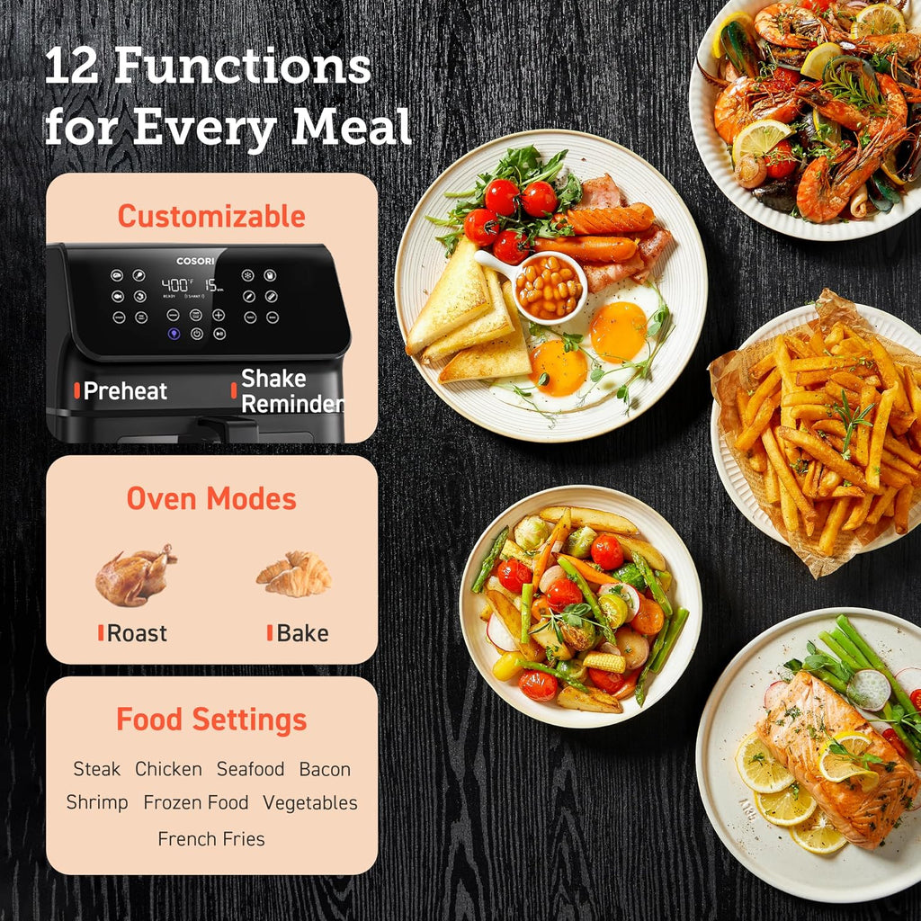 Cosori Clear Window Air Fryer, 6.5 Quart Large Compact Airfryer, 12 One-Touch Savable Custom Functions, Cookbooks and Online Recipes, Nonstick and Dishwasher-Safe